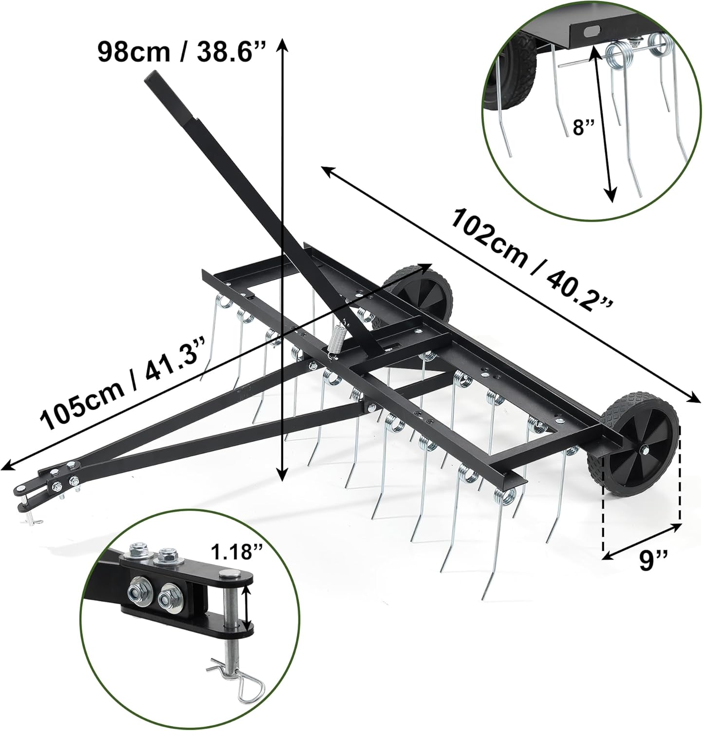 Lawn Dethatcher, 40-Inch Tow Behind Aerator with 20 Spring Steel Tines, Pull Dethatcher for Outdoor Yard Care, Lawn Sweeper to Remove Thatch, Leaves and Pine Needles, Black