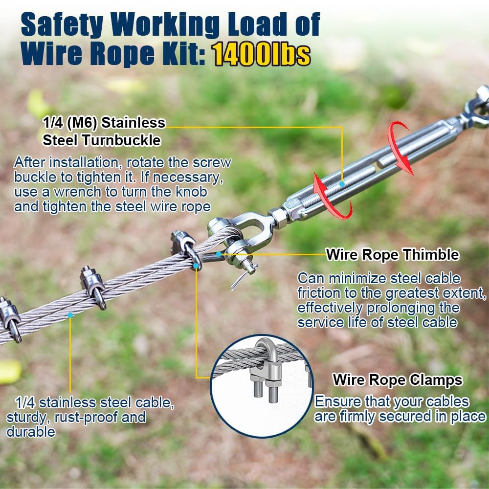 1/4" Wire Rope Kit, 100ft Stainless Steel Cable with 4Pcs 1/4 Turnbuckle, Clamp & Thimble, 7x19 Strands Heavy Duty Metal Cable,1400 lbs Load Limit, Turnbuckles for Cables Wire, Zipline