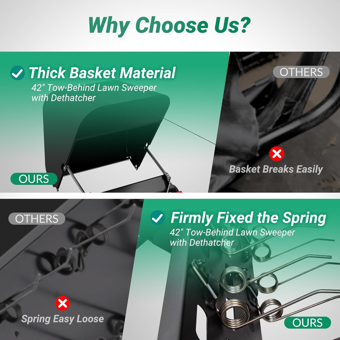 Suchtale 42" Tow Behind Lawn Sweeper with Dethatcher – 21 Cu. Ft. Leaf Collector with Adjustable Sweeping Height, Large Hamper Windscreen for Lawn, Yard, & Artificial Grass, Tractor/Mower Attachments