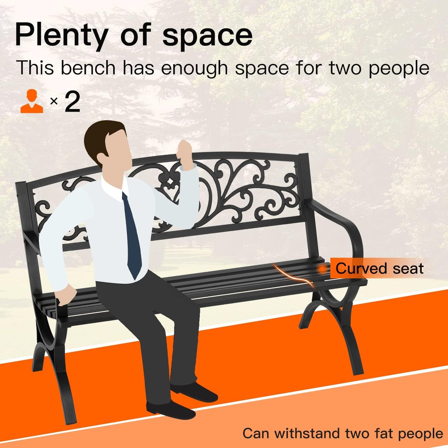 FDW Patio Garden Bench 50 inch Outdoor Metal Loveseat Chairs with Armrests Slatted Seat and w/Floral Design Backrest for Park, Yard, Porch, Lawn, Balcony, Backyard, Black