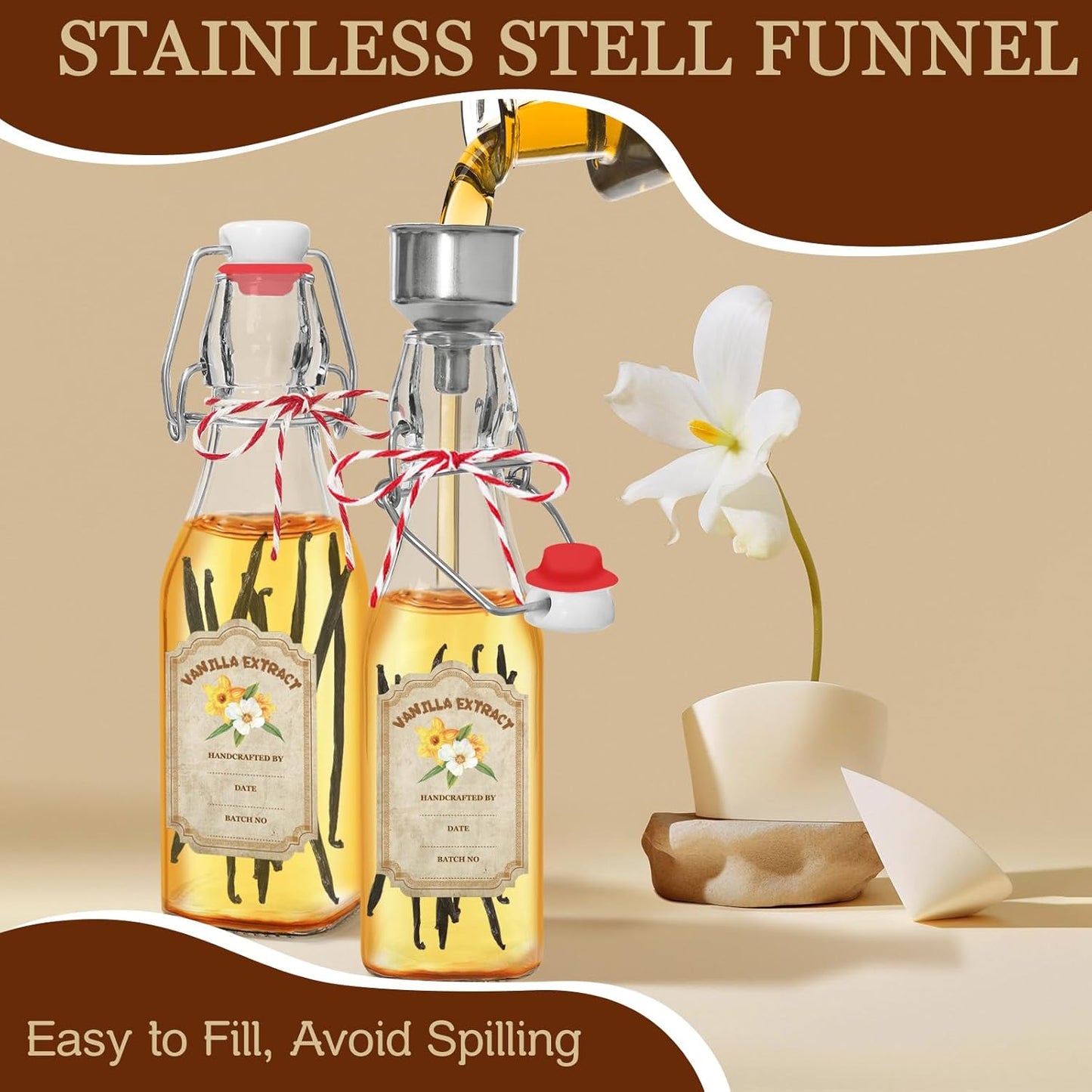 10 Pack Swing Top Glass Vanilla Extract Bottles 8 oz with Lids, Vanilla Extract Labels and Funnel, Glass Boston Vanilla Bottles for Syrup Gift, Flip Top Glass Bottles Jars for Vanilla Extract