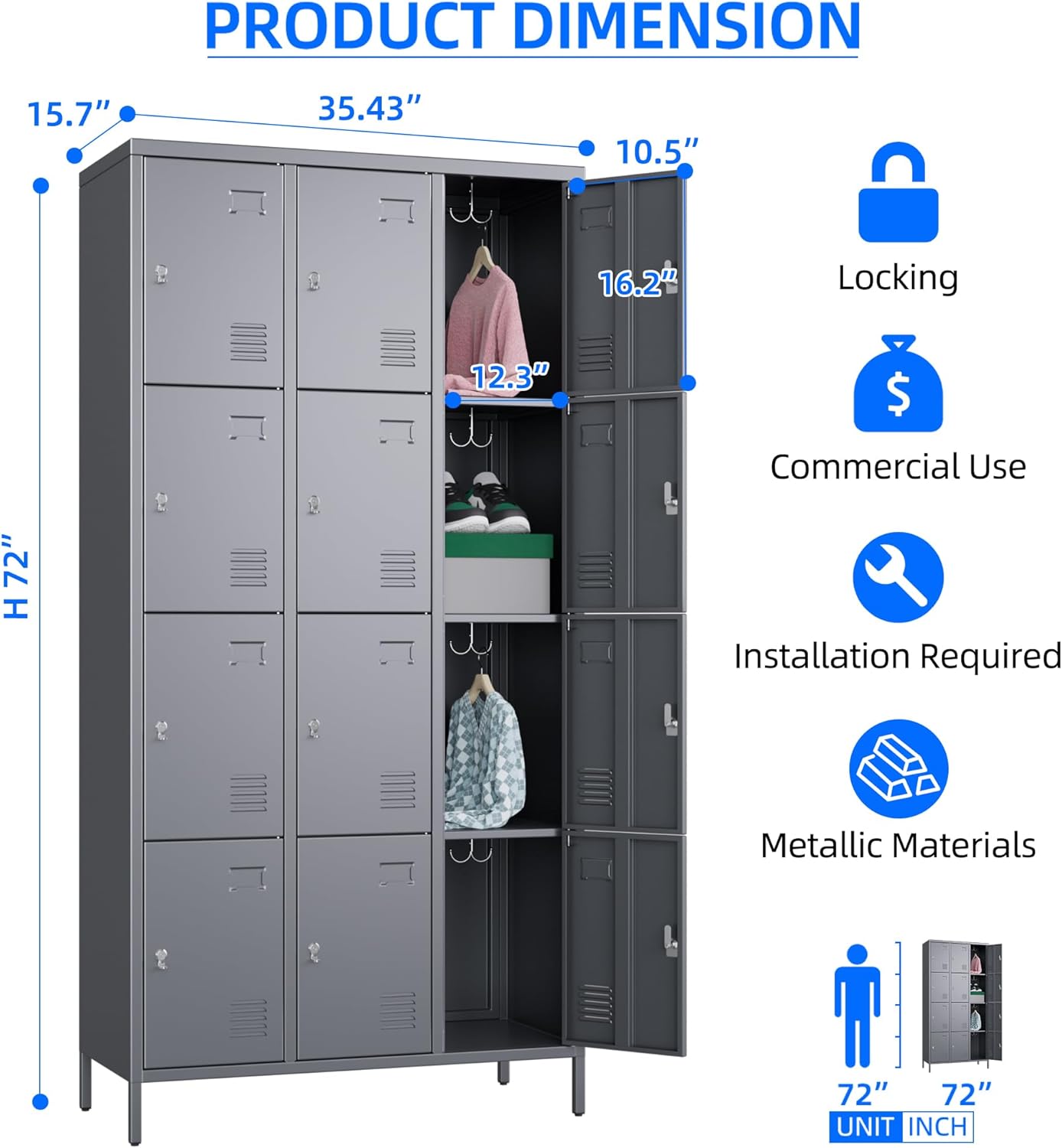 12 Doors Metal Locker for Employees with Business Card Holder,Metal Locker with 12 Hooks and Ventilation Holes for School Garage Office Gym Home,Assembly Required,Dark Grey