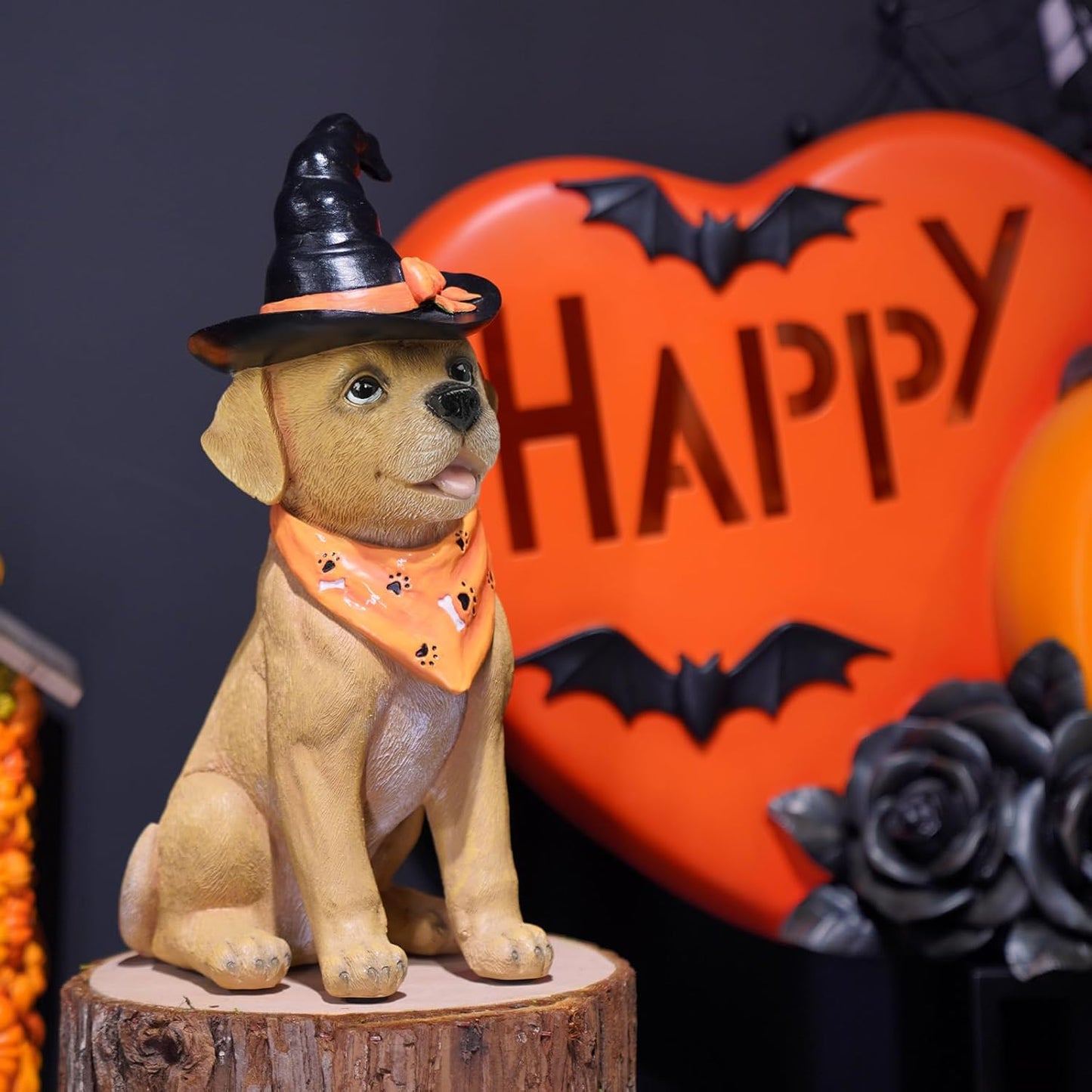 Halloween Decorations Indoor Dog Statue - Halloween Decor Figurine for Outdoor Indoor Mysterious Gothic Tabletop Puppy Sculpture Witch hat, Spooky Gifts Ghost Garden Decorations Rottweiler 5x7x13INCH