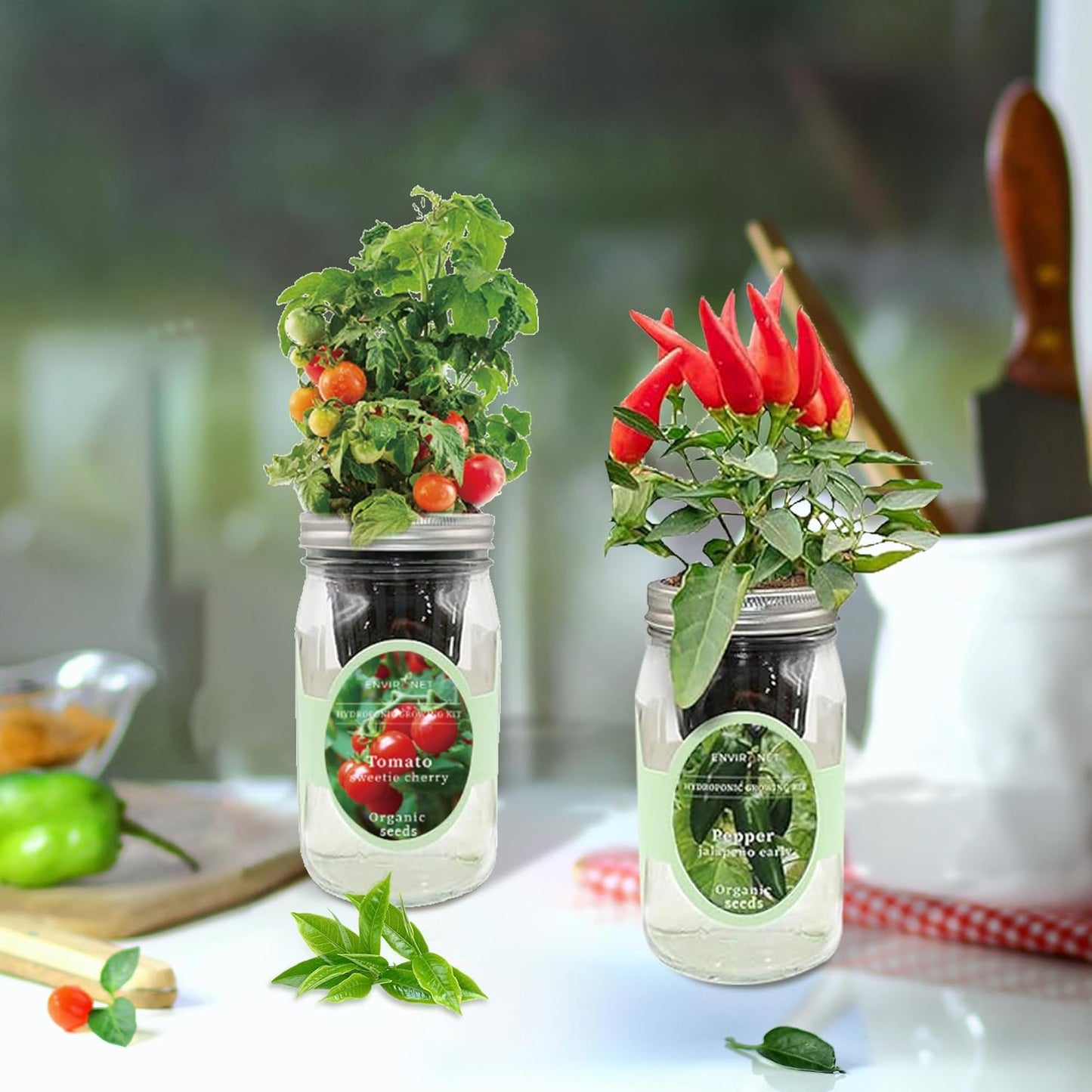2-Pack Hydroponic Mason Jar Herb Garden Kit, Indoor Herb Garden Self-Watering Starter Kit (Cherry Tomato,Pepper)