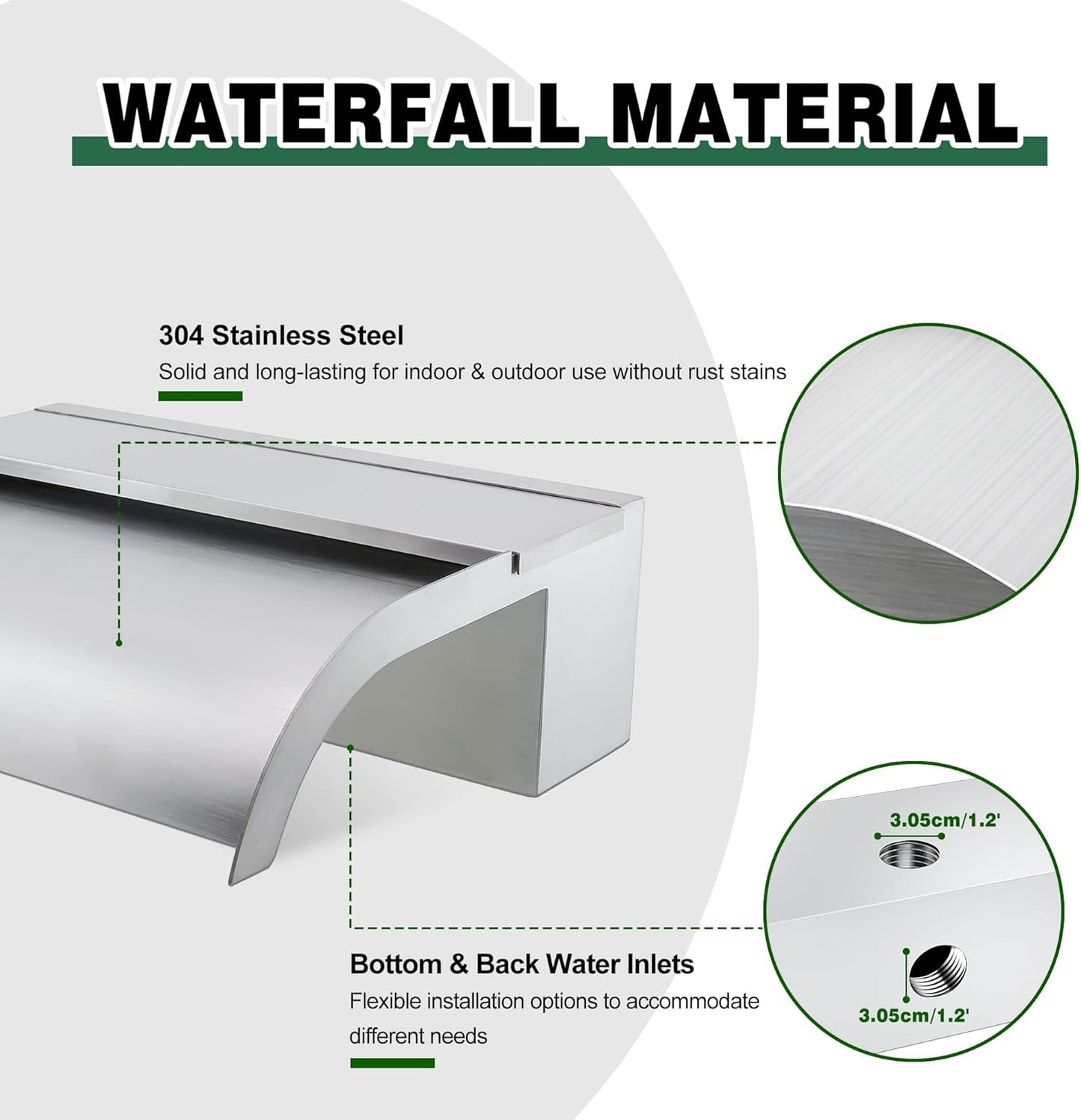 Waterfall Spillway, Stainless Steel Pool Fountain w/Top Open Lip & Pipe Connector Kits for Outdoor/Indoor Decorative, 11.8'' Pool Water Feature for Garden Patio, Backyard Koi Pond Decor