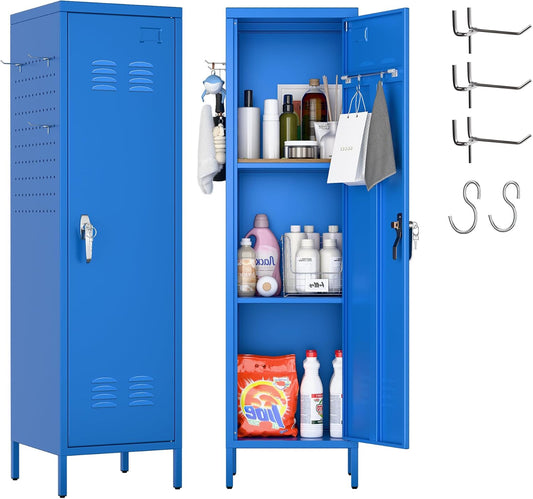 METAN Metal Storage Lockers with Handle Lock and 2 Adjustable Shelves,Office Storage Locker with Pegboards and Hooks,Assembly Required,Blue