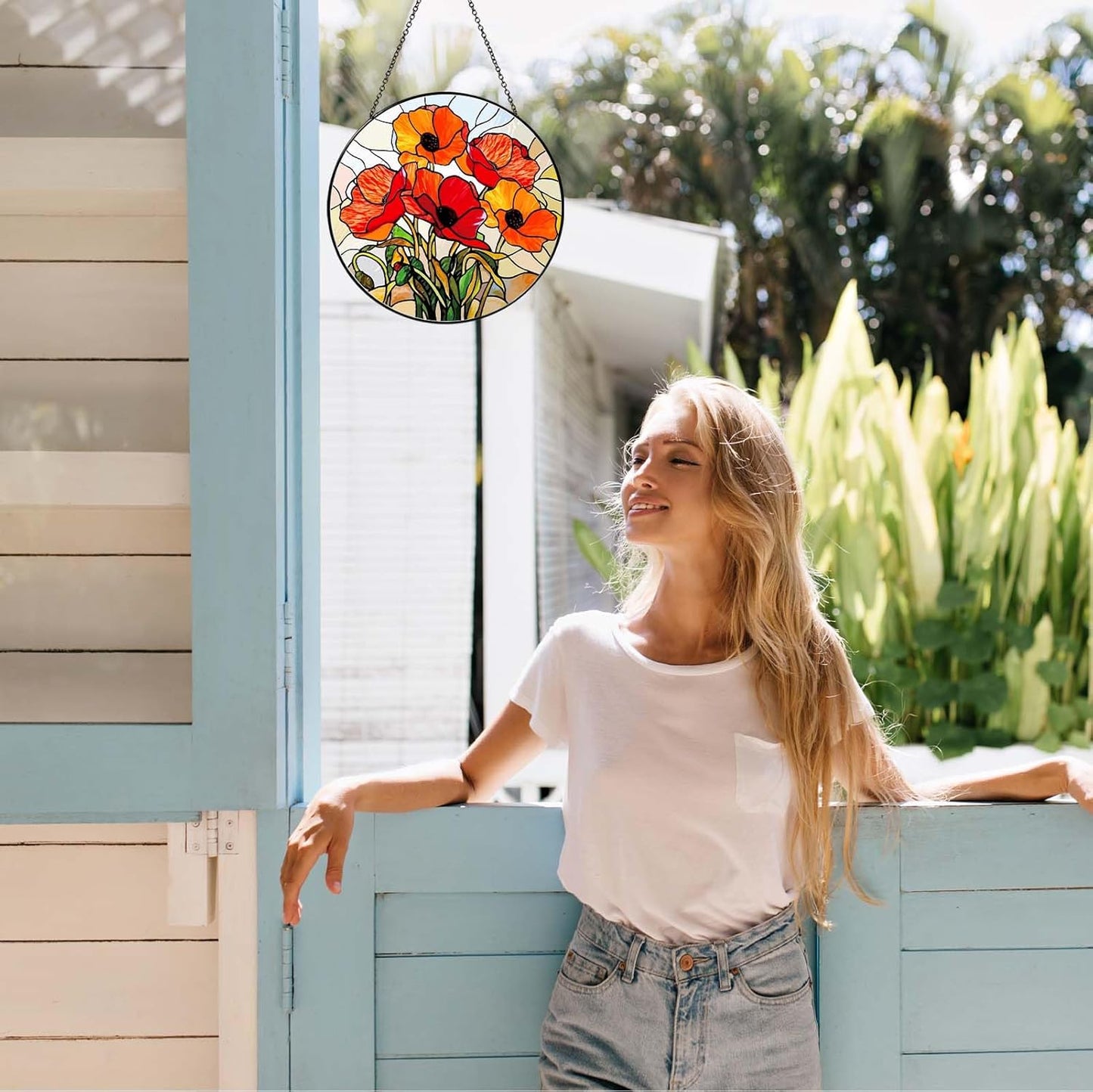 California Poppy Forest Sun Catcher Stained Glass Window Hanging Flower Lover Gifts for Women Red Poppy Wall Decor Handmade Suncatcher Decoration for Home Garden Housewarming Gifts