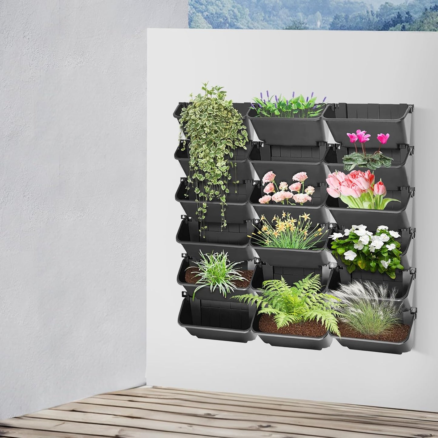 18 Pack Self Watering Wall Mounted Planter, Indoor and Outdoor Vertical Planter Wall Mounted Planter for Patio Outdoor Decor with Drainage Holes, Vertical Garden Planters for Indoor Plants- Black