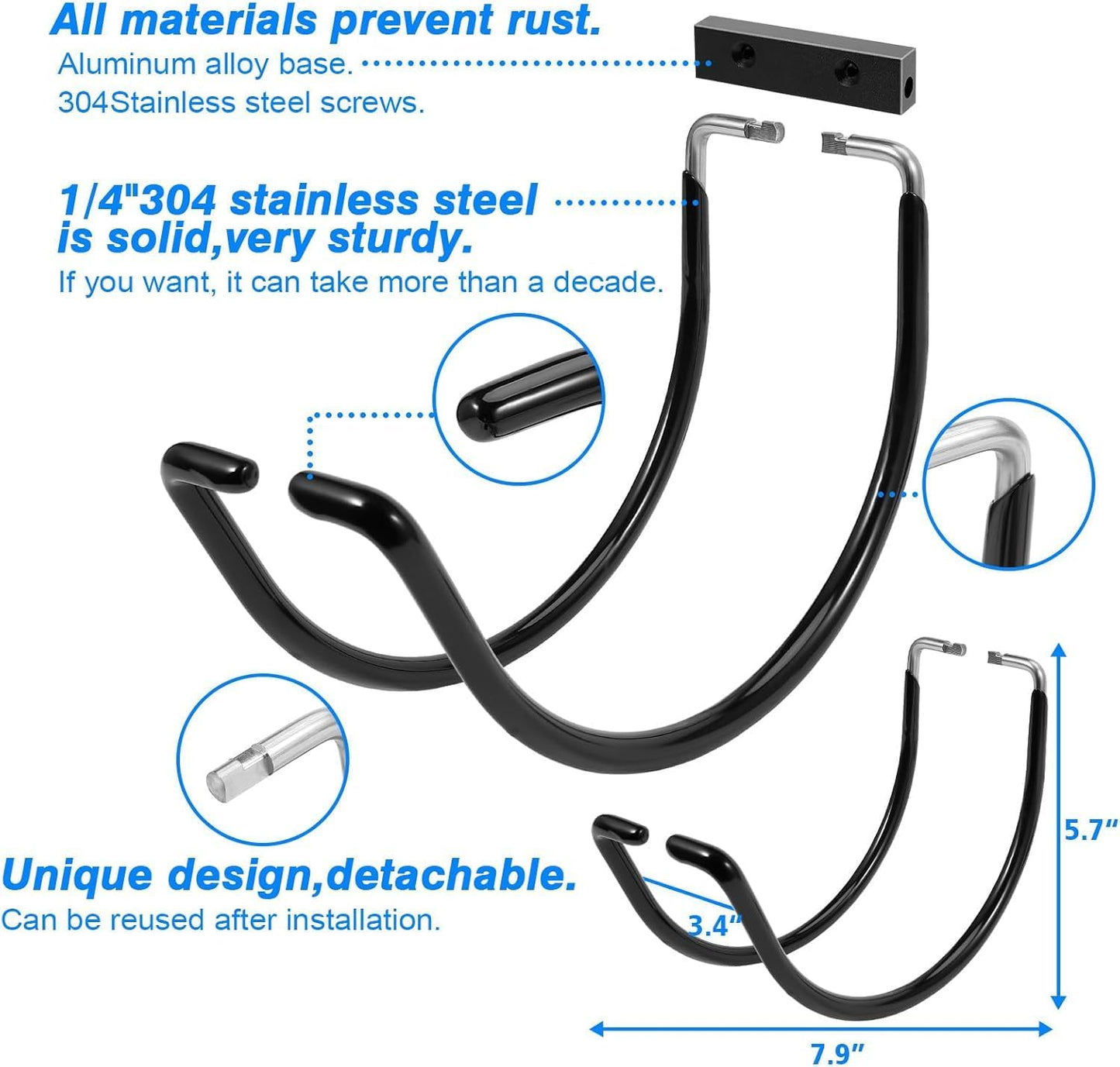 Garden Hose Holder Wall Mounted,304Stainless Steel Solid Hook Holds Up to 150Ft - Black Paint