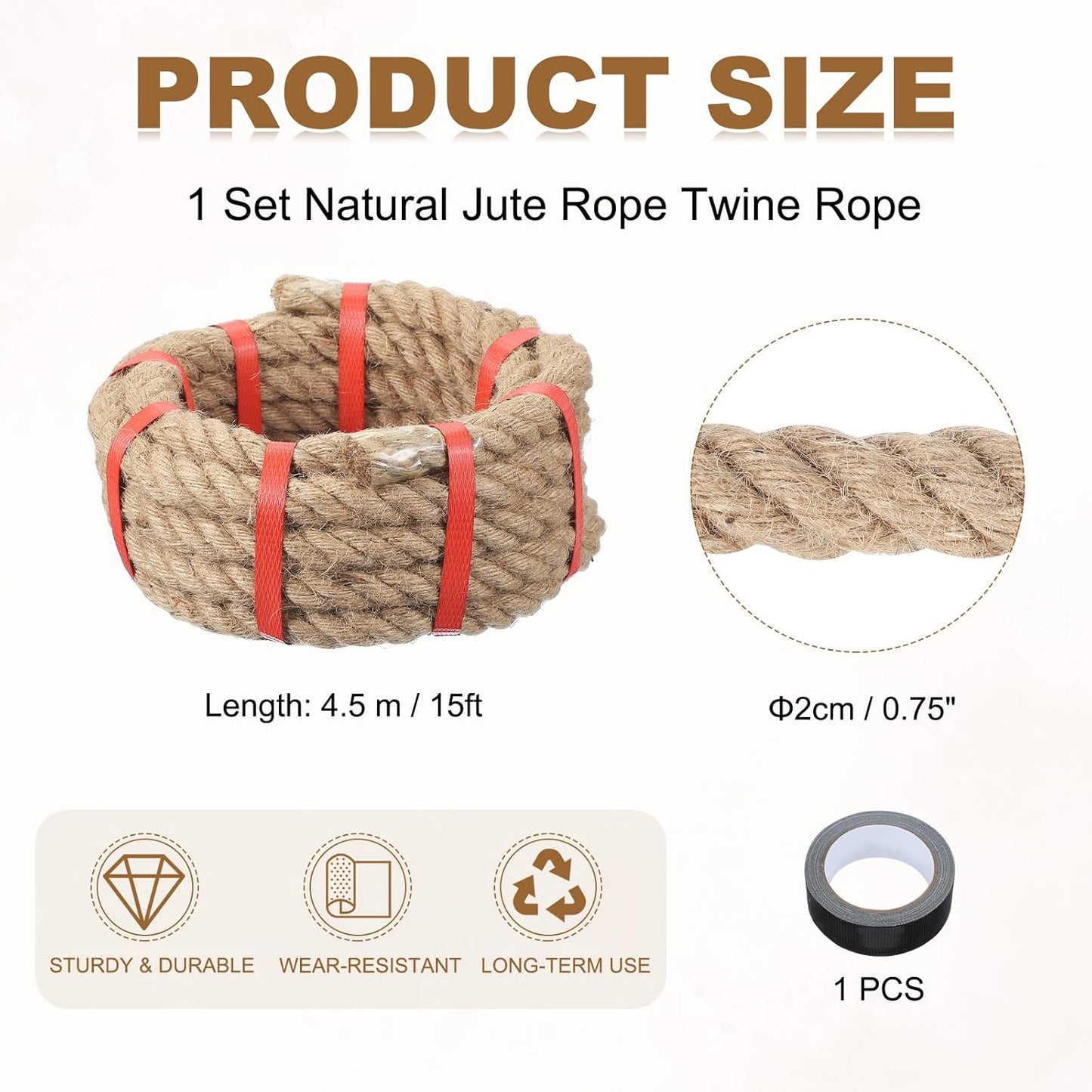 MECCANIXITY Jute Rope 15ft x 0.75 Inch, Thick Twine Rope Ropes Braided Jute Twine Natural Brown Burlap Cord String Heavy Twisted with Tape for Decorative Crafts Railing Swing Tug of War