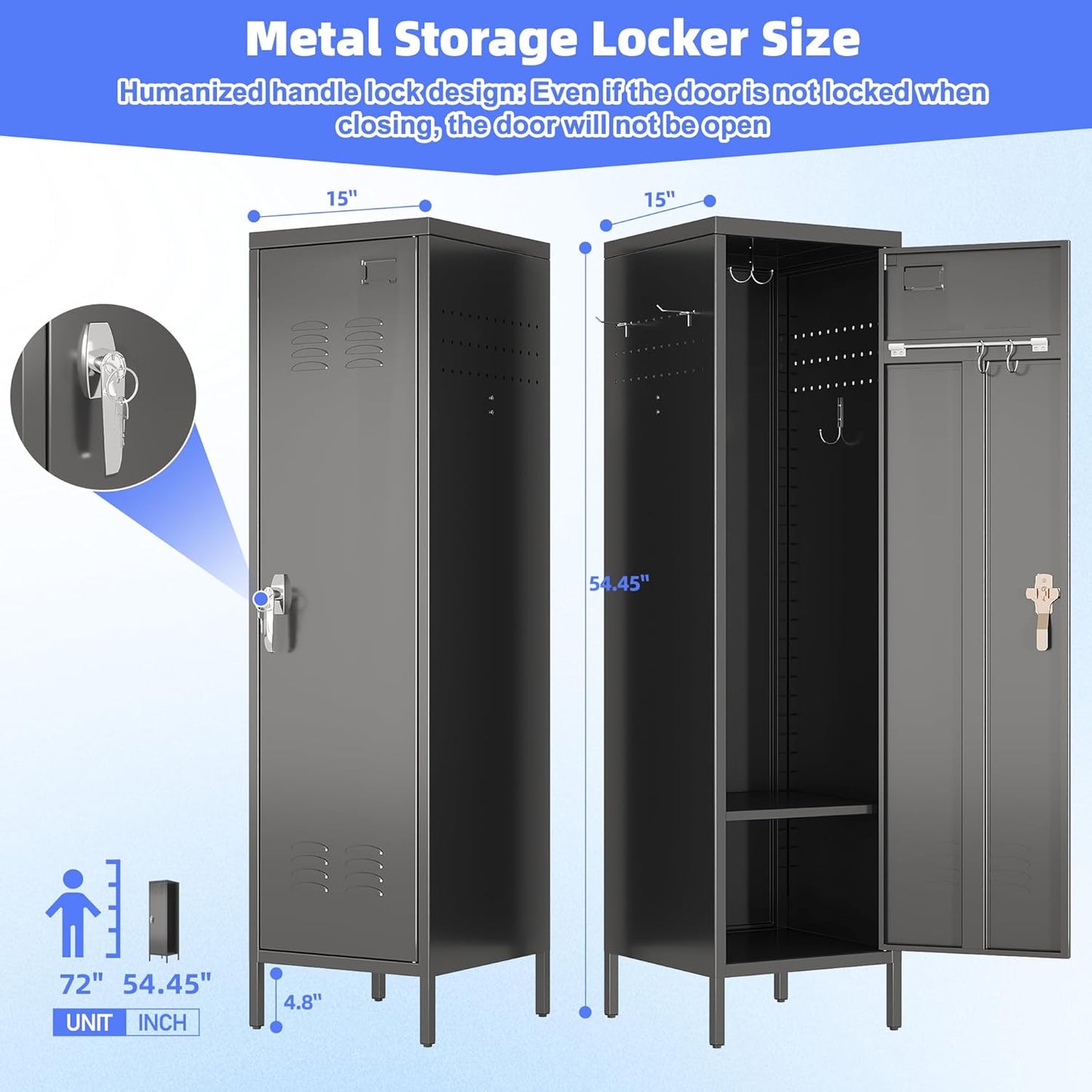 METAN Metal Storage Lockers with 1 Door and 1 Adjustable Shelf,55''H*15''W*15''D Steel Lockers with Hooks for School,Home,Office,Gym,Assembly Required,Black