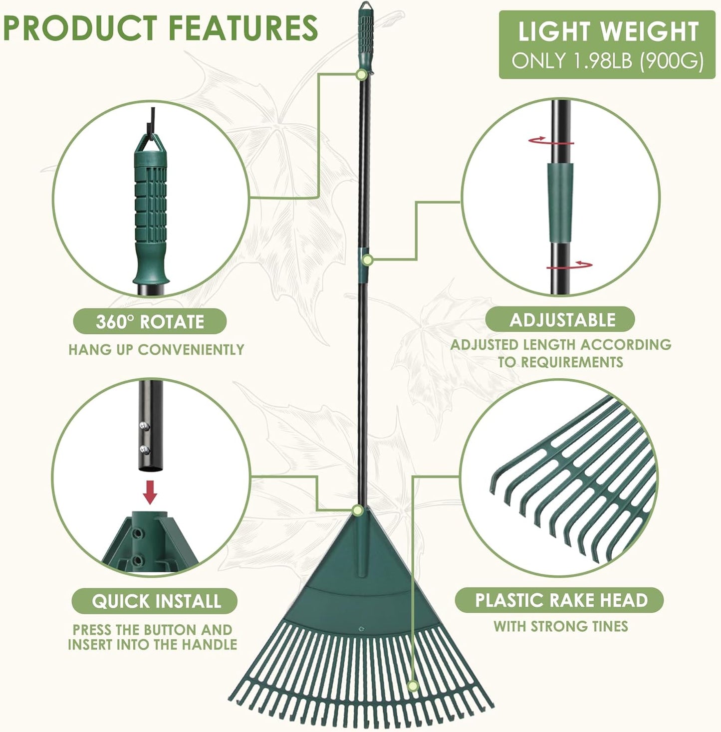 ORIENTOOLS Garden Leaf Rake, Garden Rakes for Lawns Leaves with 47-65" Adjustable Black Handle Rake, 26 Strong Tines Plastic Head Shrub Rake, Yard Garden Rake for Lawns, Flower Beds Leaves Cleaning