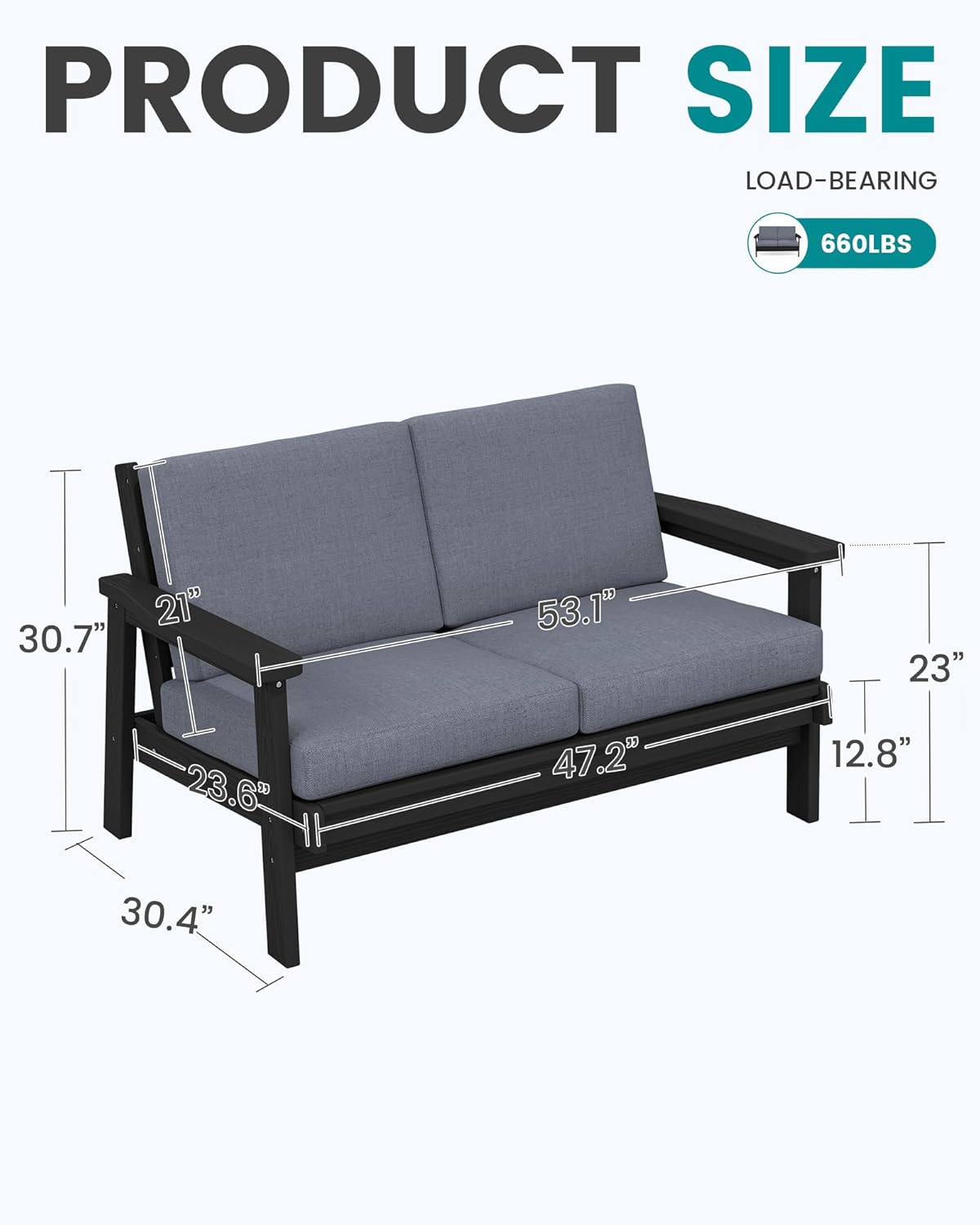 SERWALL HDPE Outdoor Patio Loveseat, Black Frame and Grey Cushion