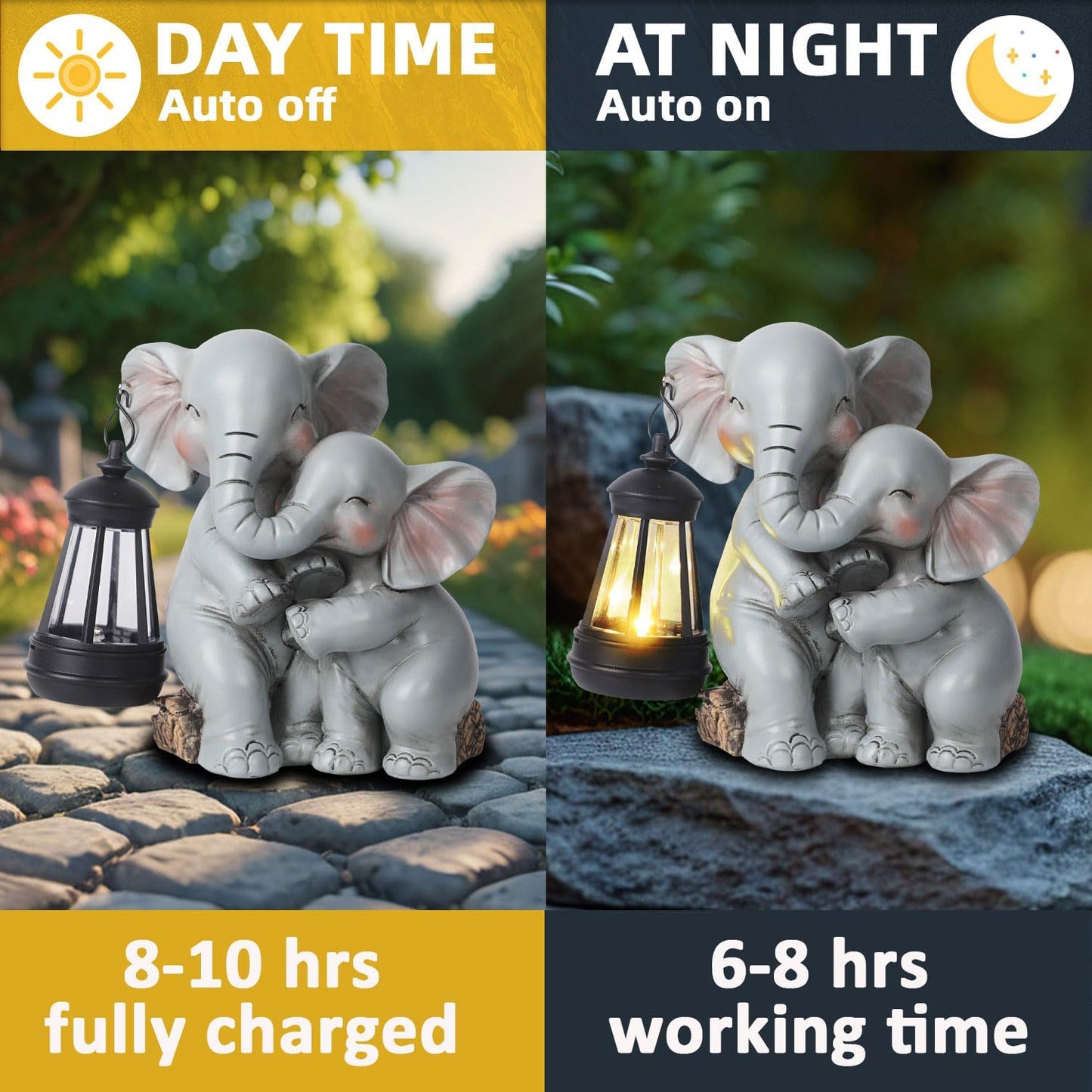 Solar Garden Decor - Mother Baby Elephant Statue with Solar Lantern 7" Resin Elephant Figurines Outdoor Yard Porch Lawn Patio Decor Housewarming Birthday Gift for Mom Grandma Women