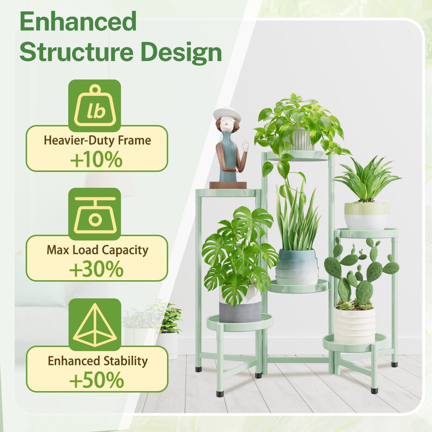 iDavosic.ly Plant Stand Indoor Outdoor, 6 Tier Corner Metal Flower Display Holder Shelf, Folding Tall Orchid Rack for Patio Balcony Porch Garden Living Room House, Light Green
