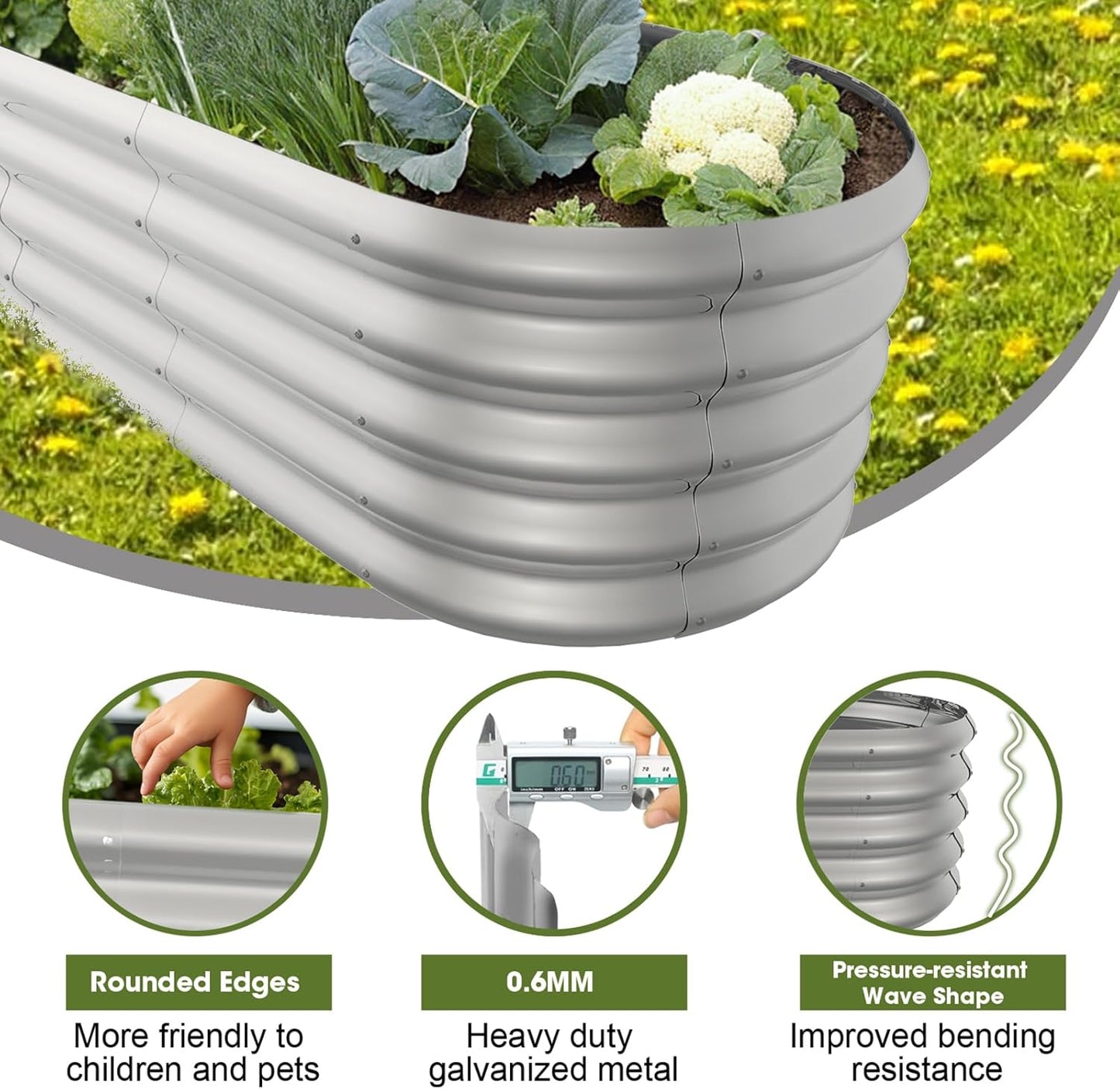 4x2ft Oval Galvanized Raised Garden Bed Kits 16" Tall Outdoor Large Metal Modular Planter Box 9-in-1 Raised Beds for Gardening,Vegetables,Fruits,Flowers & Herbs (Silver)