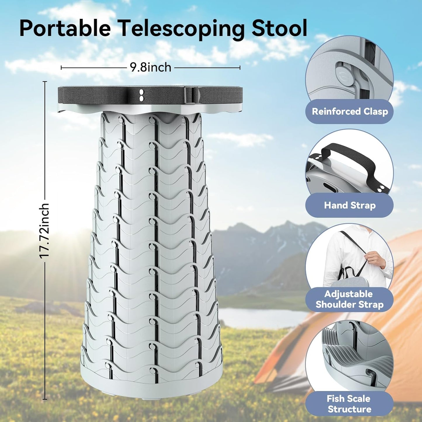 Upgraded Collapsible Stool, Portable Folding Stool, Telescoping Camping Stool with Max Load Capacity 485lbs, Square Retractable Seat for Camping Gardening Fishing Hiking BBQ [Cyan]