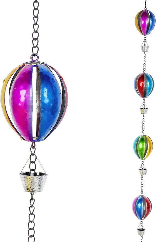 9.7 Ft Rain Chain, Hot Air Balloon Rain Chain for Gutters, 12 Cups Metal Rain Catcher Chain with Bell, Adjustable Length for Eaves Drainage, Replacement for Downspout