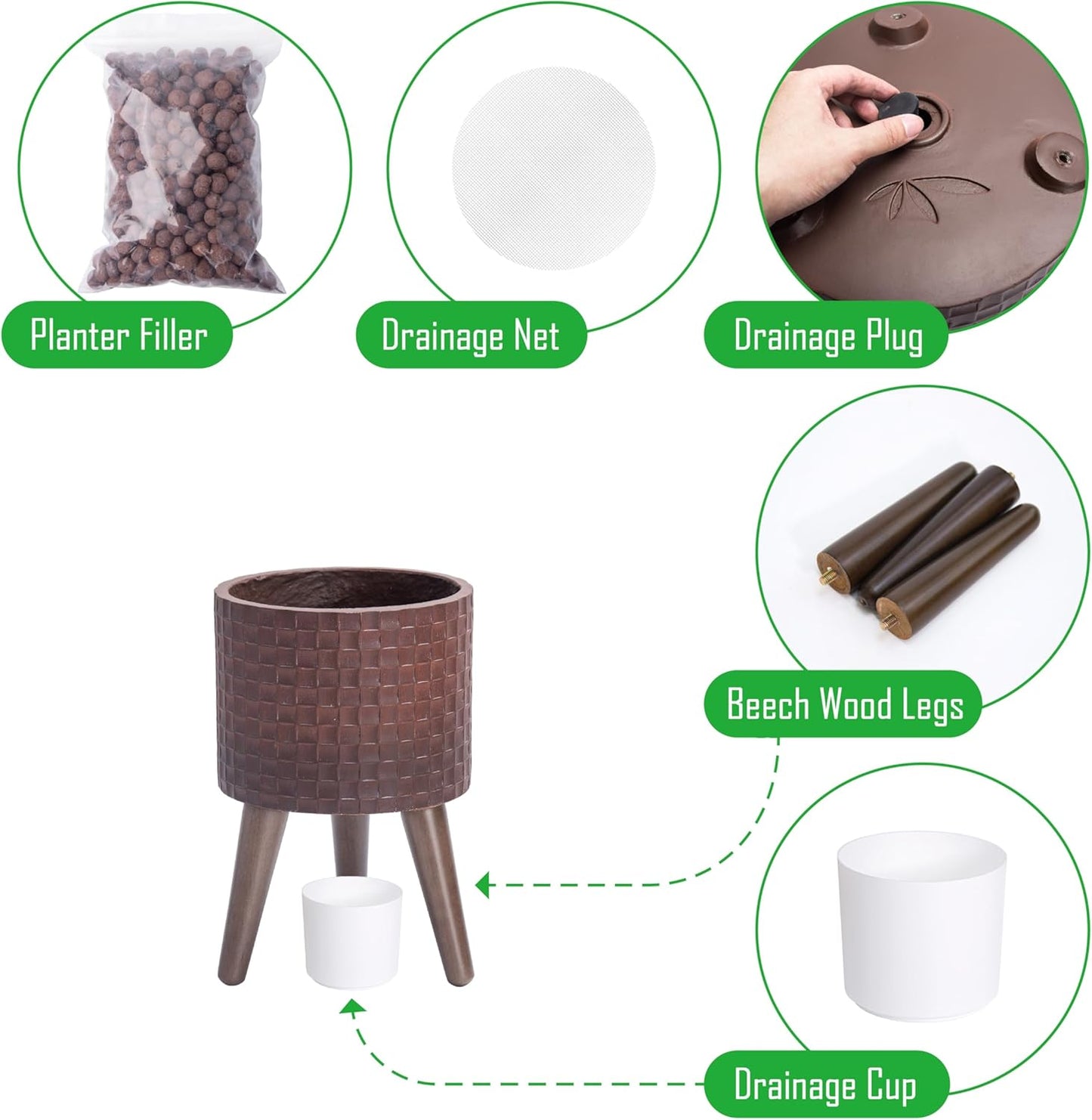 D'vine Dev 8 Inch Modern Geometric Tile Patterned Sleek Planter Pot with Stand, Indoor Outdoor Decorative Plant Holder, Espresso, 88-Z-A-6