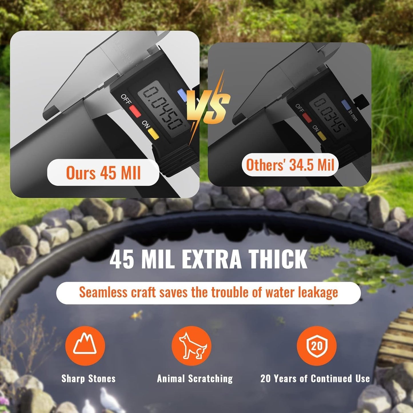 VEVOR 10 x 15 ft Pond Liner, 45 Mil Thickness, Pliable & Durable EPDM Material, Easy Cutting Underlayment for Fish or Koi,Waterfall, Fountains, Water Gardens, Black