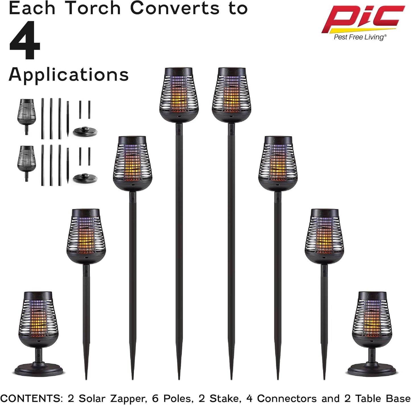 PIC Bug Zapper, 600V Solar Powered Insect Trap & Fly Zapper for Outdoor Use, LED Flickering Flame, Activates Automatically in Dark, Weatherproof Outdoor Fly Trap, Kills Bugs on Contact, Twin Pack