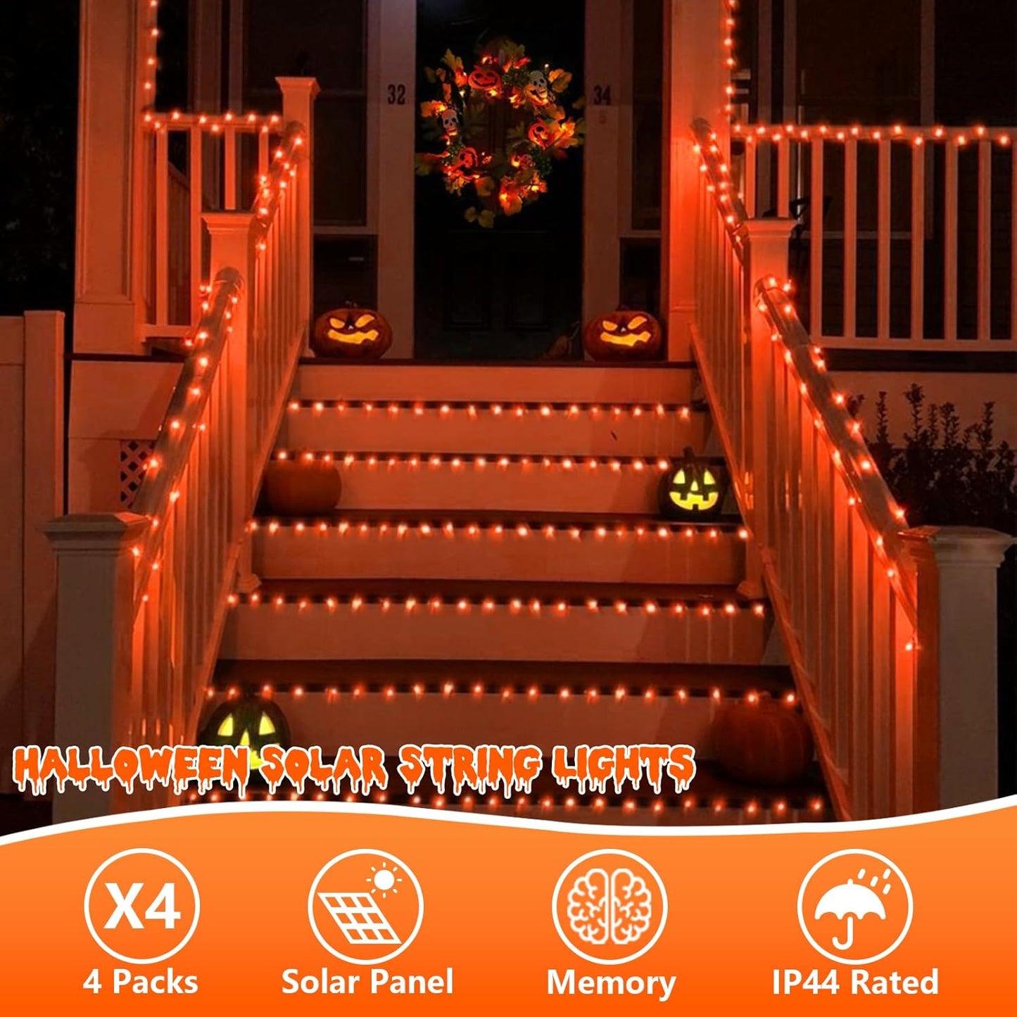 QITONG 4 Pack Orange Solar Fairy Lights, Each 33ft 100 LED Halloween Lights Outdoor Waterproof, 8 Modes Copper Wire Mini String Lights