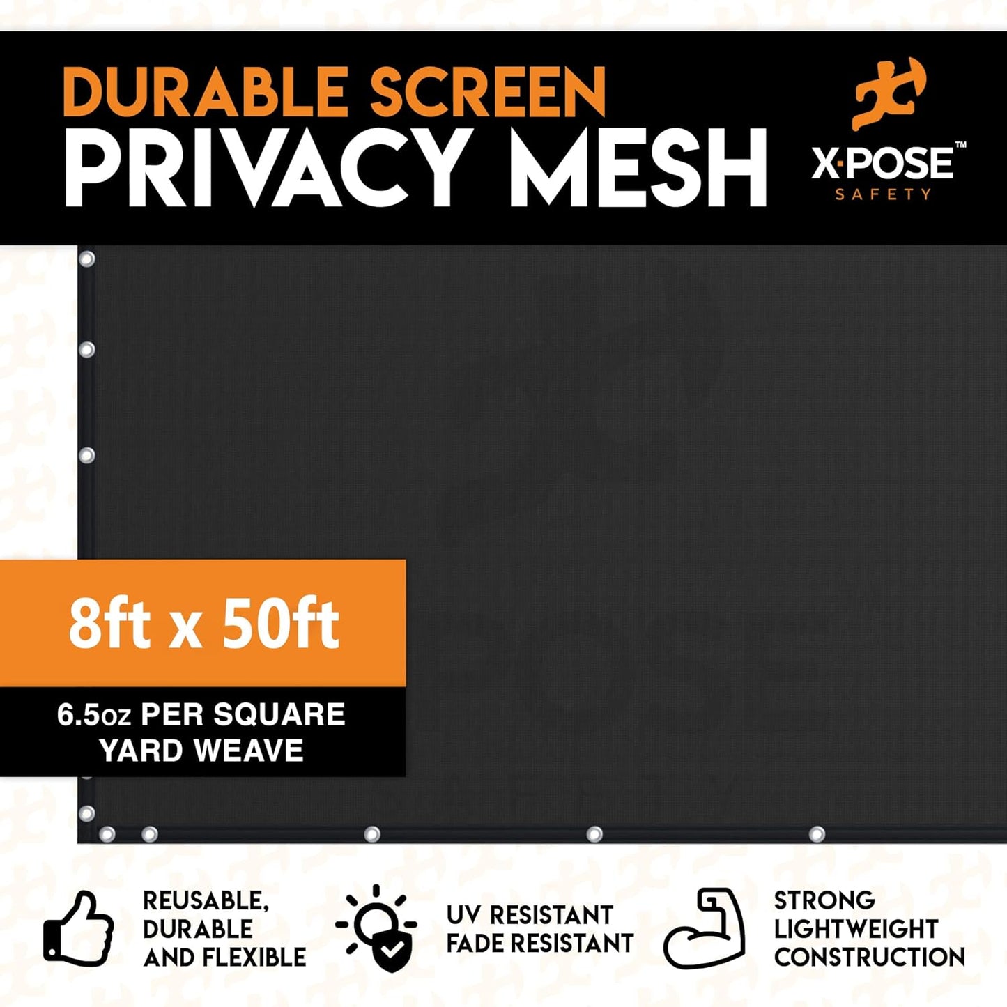 Xpose Safety Privacy Fence Screen 8’ x 50’ – Heavy Duty Black Mesh with 90% Visibility Block, UV Protection – Includes Cable Ties – for Garden, Yard, Nursery, Kennel, Dog Run, Greenhouse