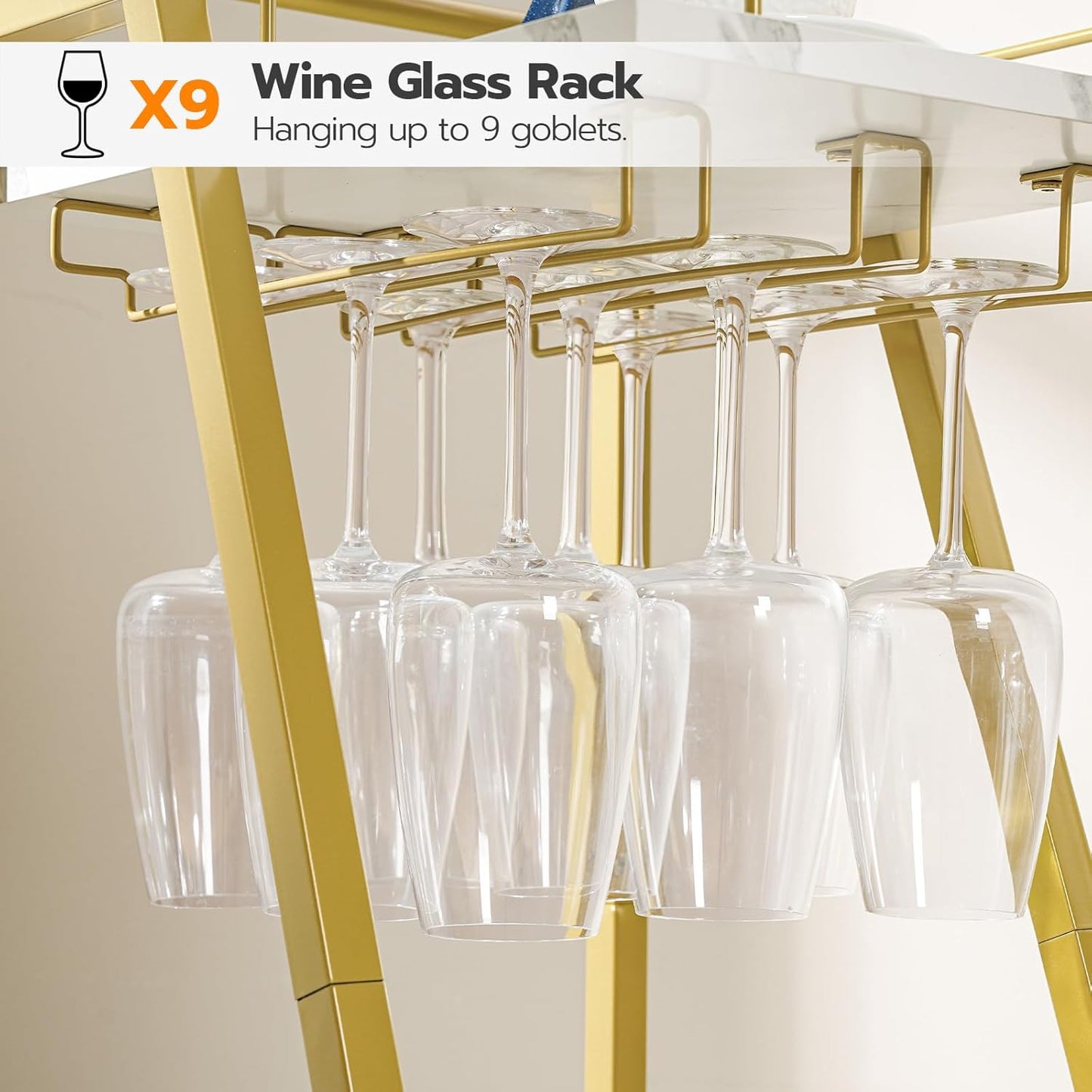 HOOBRO Bar Cart Gold, Home Bar Serving Cart, Kitchen Cart, Rolling Beverage Cart & Wine Rack and Glass Holder 2 Storage Shelves, Cocktail Cart for Home Dining Party, White and Gold DM27TC01