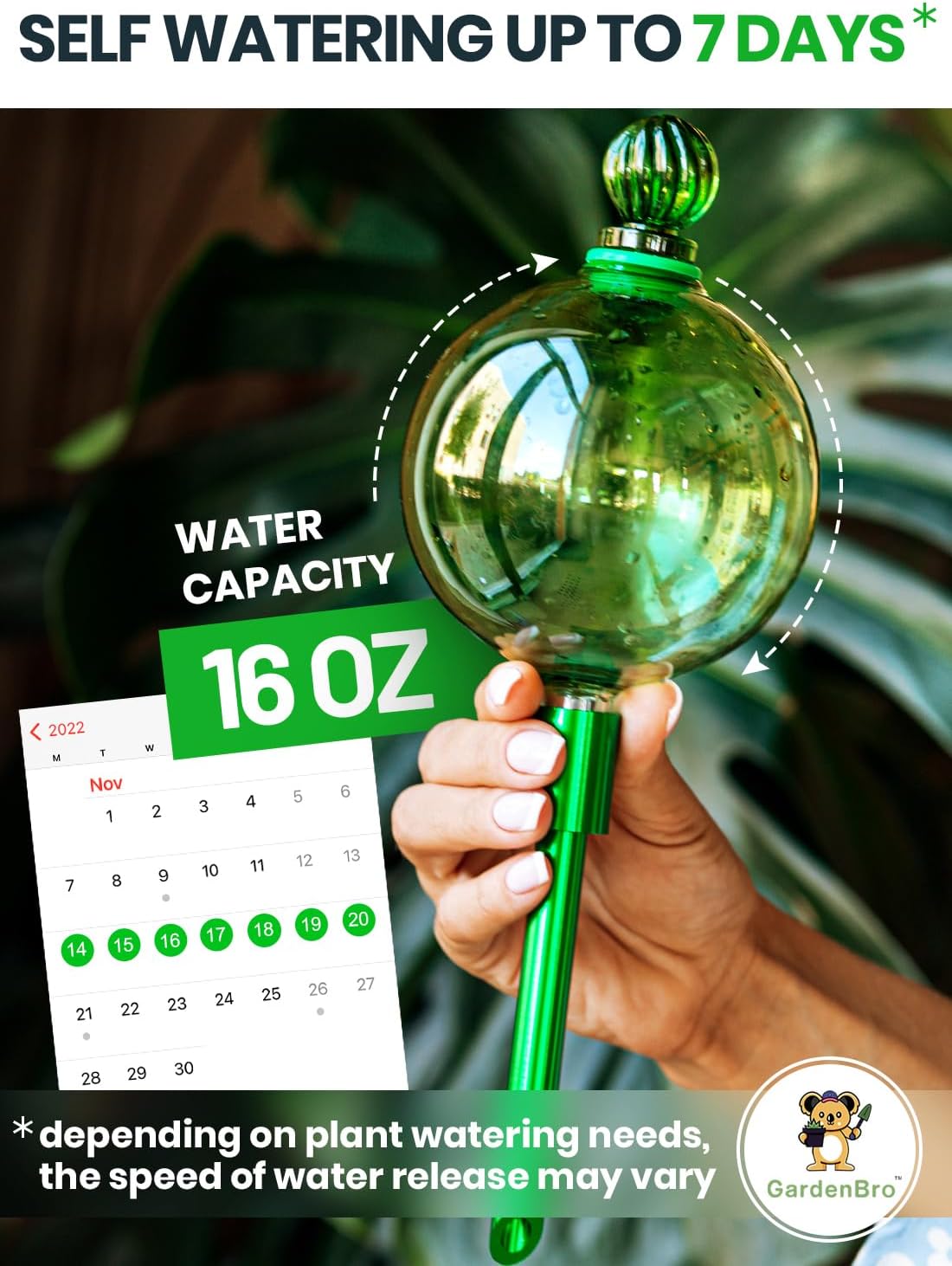 16 Oz Plant Watering Globes for Indoor Plants with Metal Self Watering Planter Insert - Premium XL Glass Hand-Blown Globe - Automatic Plant Waterer Indoor, Gift Idea for Gardeners [1 Globe, Green]