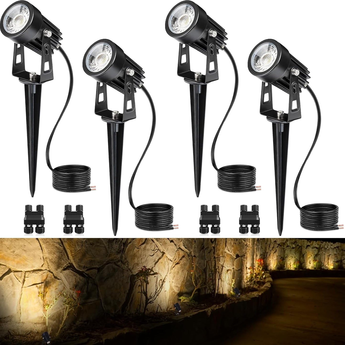 SUNVIE 3W Low Voltage Landscape Lighting LED Landscape Spotlights with Connectors Waterproof Low Voltage Landscape Lights 3000K Warm White Uplights Outdoor Spot Lights for Yard Garden House, 4 Pack