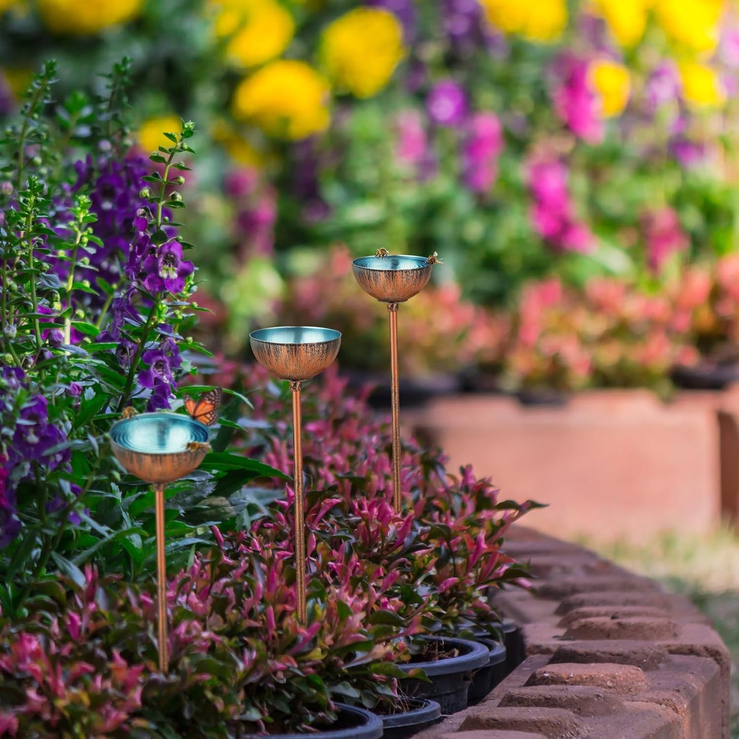 9 Pcs Bee Watering Station for Garden Bee Metal Watering Cups Butterfly Water Feeder Small Insects Bath Bowl Cups Metal Stakes for Outdoor Garden Decor, Blue