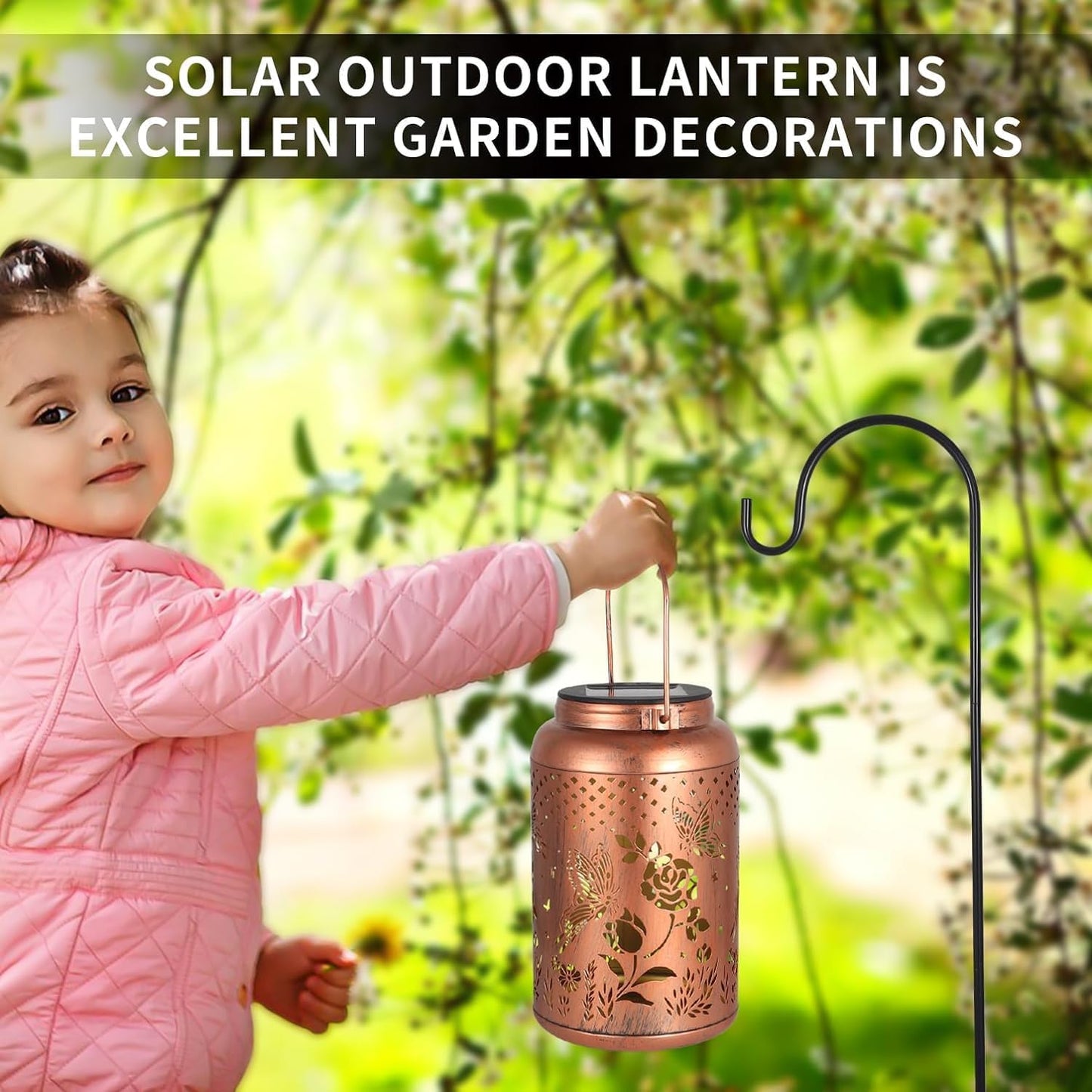 2 Pack Solar Lanterns Outdoor Waterproof, Butterfly Rose Garden Decor Birthday Gifts for Women Mom Grandma Hanging Solar Lights Metal Solar Decoration Outside for Yard, Patio, Lawn