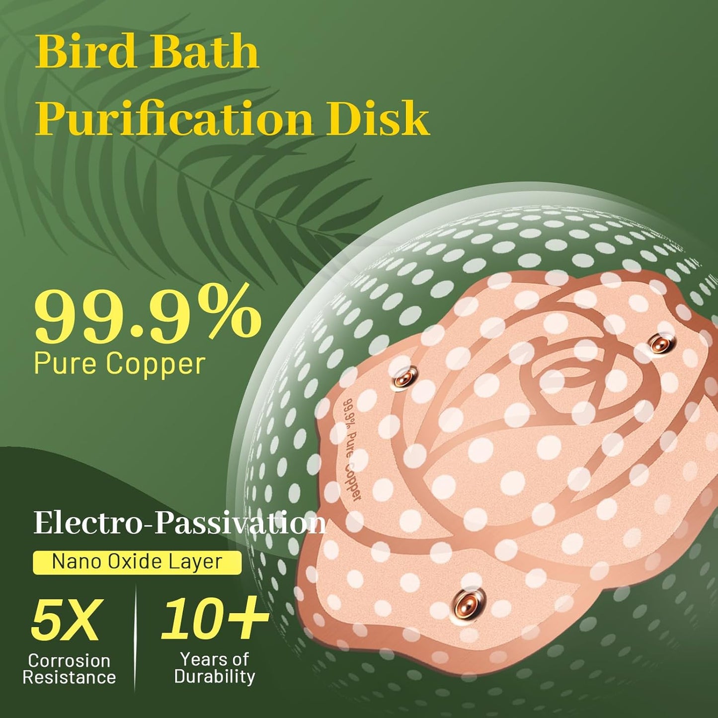 Bird Bath Copper Disk,Bird Bath Purification Disk 0.6mm Reinforced 99.99% Pure Copper Cleaning Disk with 3-Point Support,Fits Outdoor Birdbath & Bowl,Provide Safe Clean Water,Rose-2Pcs
