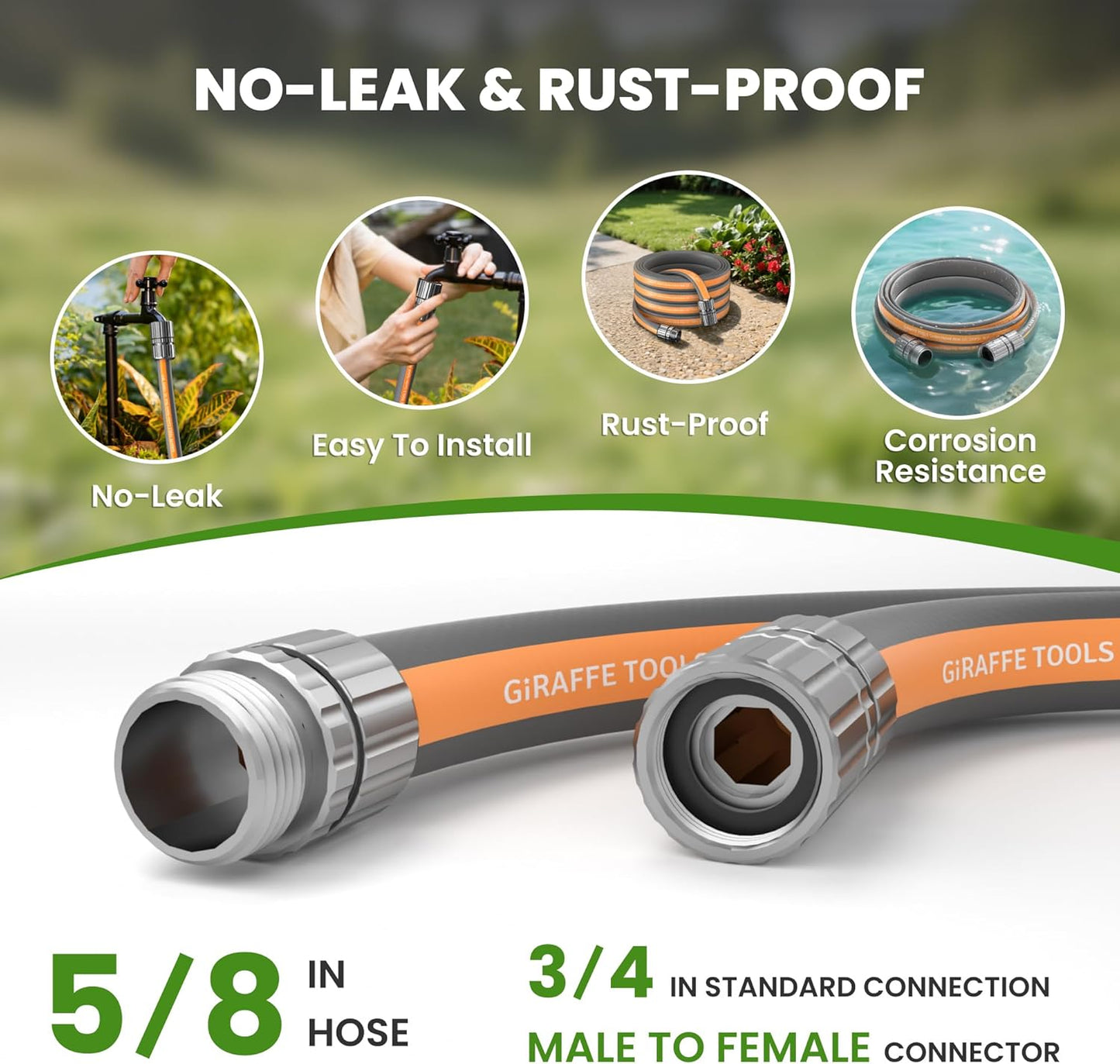Giraffe Tools Garden Hose 10FT, 5/8" Lightweight Lay Flat Water Hose, Custom Length, Flexible, Leakproof Hybrid Hose Pipe with Male to Female Fitting