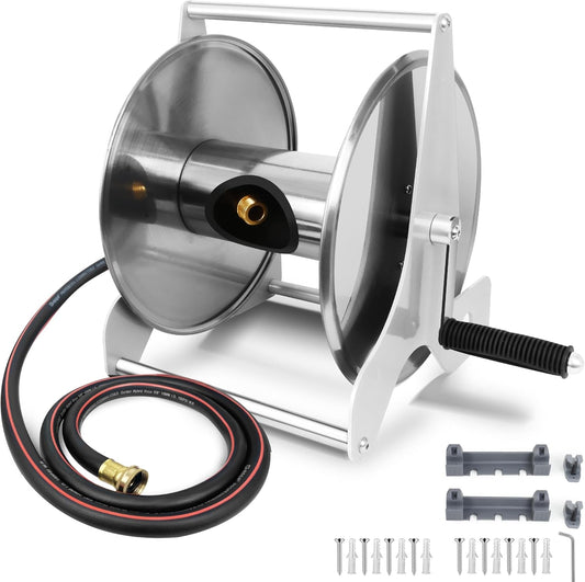 Stainless Steel Garden Hose Reel, Wall Mount or Floor Mounted with 3/4 Inch Brass Fittings Lead hose, 135 Ft Capacity with Crank Handle & portable hose reels for outside