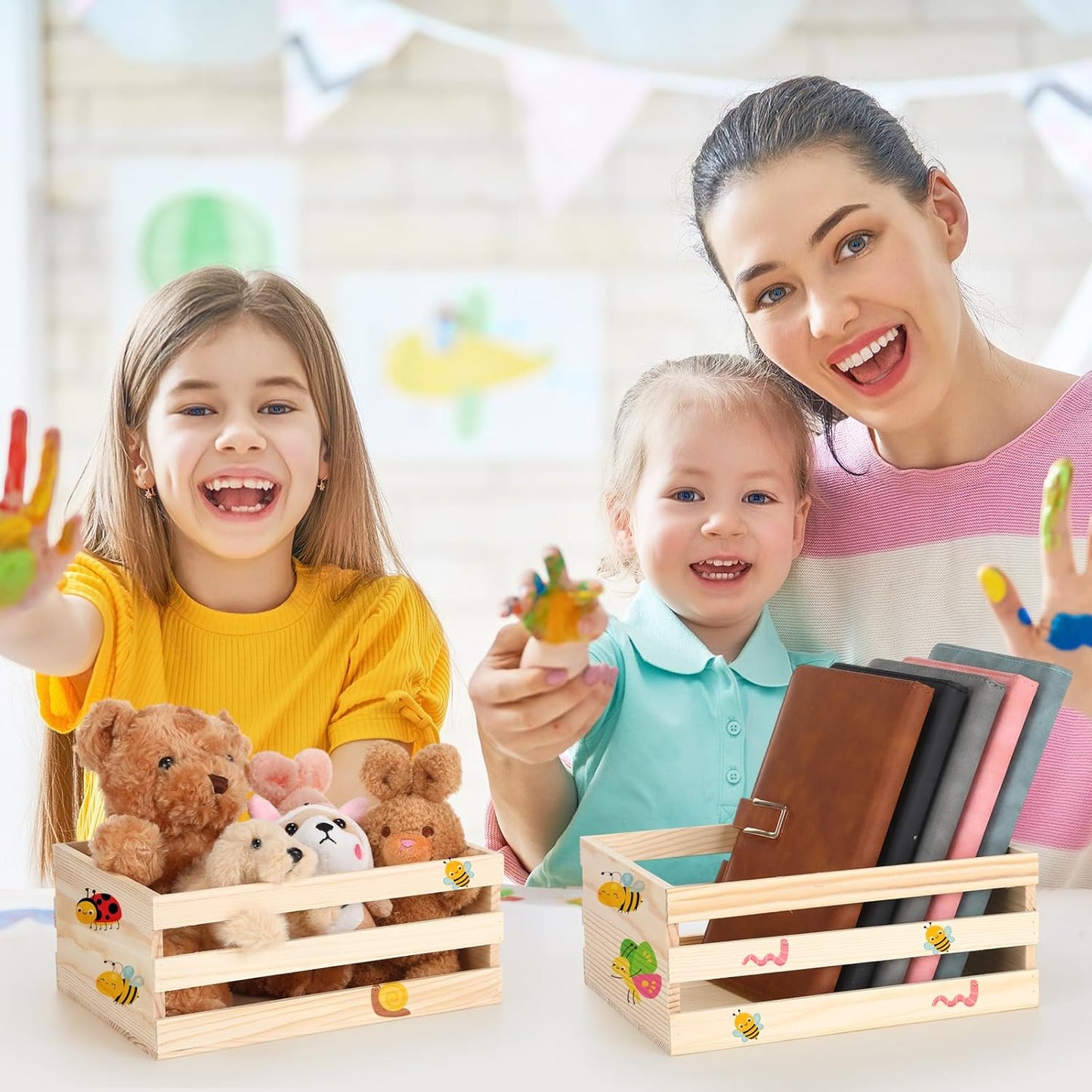 6 Pcs 12.5'' Large Wooden Crates for Crafts Unfinished Wood Crate Box for Display DIY Decorative Storage Basket Container Bulk for Decor, Kitchen Home, Pantry, Bedroom, Milk, Book, Arts