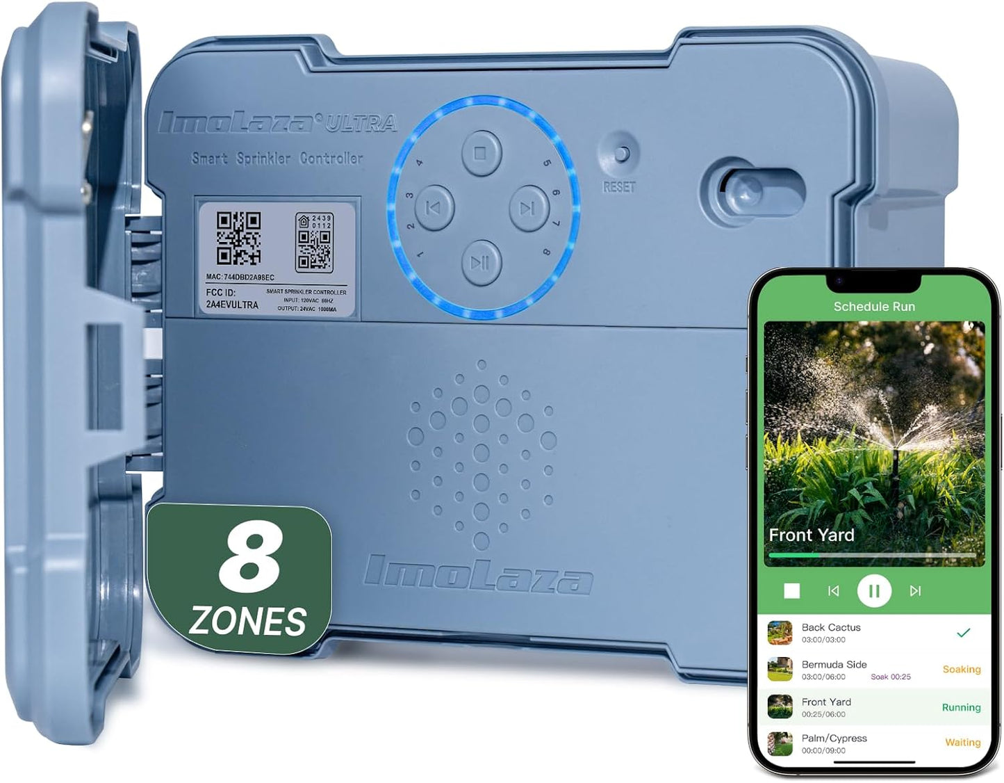 ImoLaza Outdoor Smart Sprinkler Controller, 8-Zone WiFi Irrigation Controller with Hyper-Local Weather, App Remote Control, Works w/ Alexa, Auto Watering, Rain/Freeze/Wind Skip, Smart Fault Detection