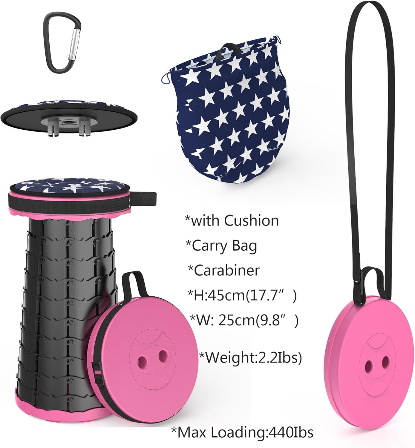 ALEVMOOM Upgraded Folding Stool with Cushion,Portable Collapsible Retractable Stool,Outdoor Chair,Yet More Sturdy Load Capacity 440lbs for Camping Garden Fishing Hiking BBQ with Carry Bag