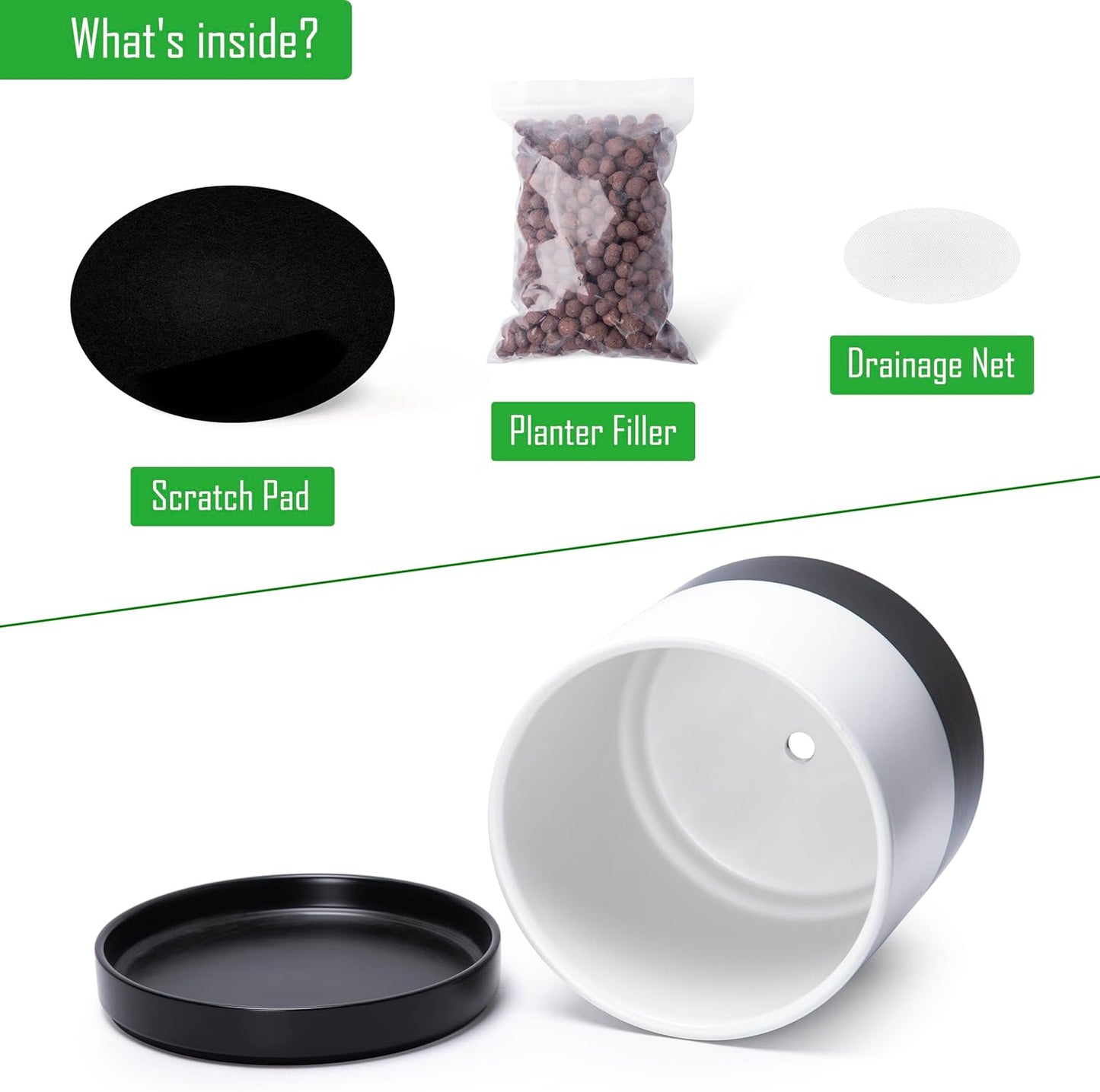 D'vine Dev 10 Inch Ceramic Planter Pot with Drainage Hole and Saucer, Indoor Cylinder Round Planter Pot, Layered Monochrome Black & White, 94-O-E-L