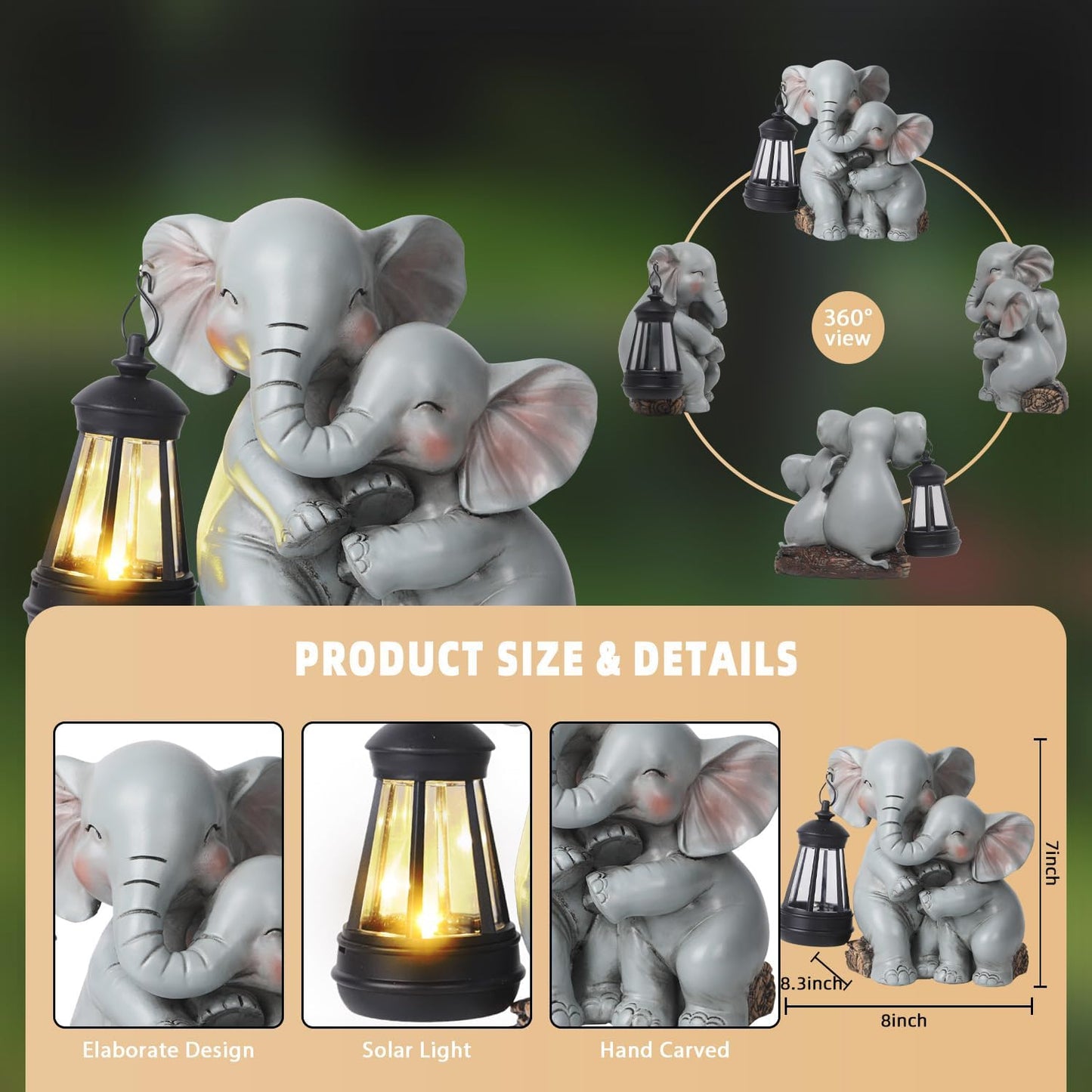 Solar Garden Decor - Mother Baby Elephant Statue with Solar Lantern 7" Resin Elephant Figurines Outdoor Yard Porch Lawn Patio Decor Housewarming Birthday Gift for Mom Grandma Women