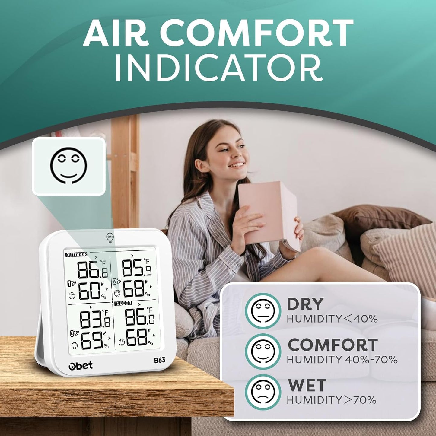 OBET Indoor Outdoor Thermometer Wireless with 3 Sensors Weather Station Temperature Humidity Monitor 500ft Range and Adjustable Backlight and Min Max Data White