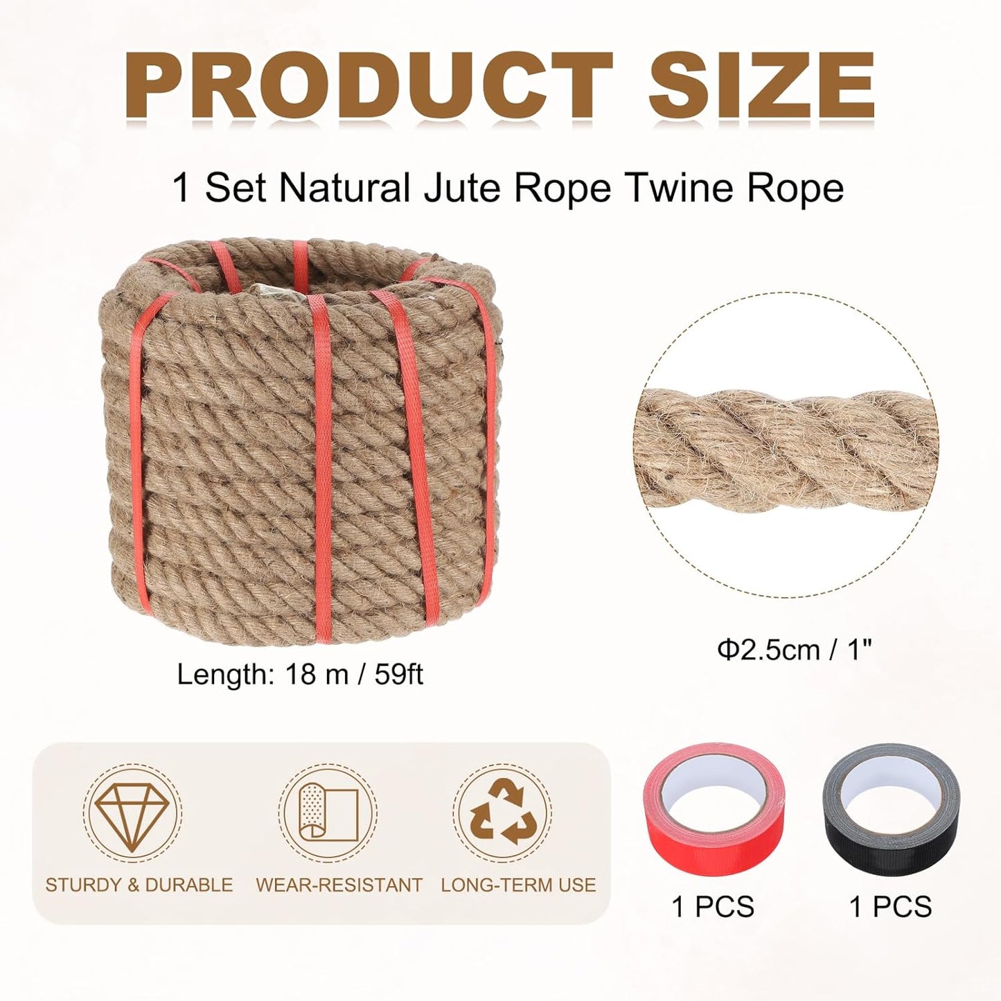MECCANIXITY Jute Rope 1 Inch x 59ft, Thick Twine Rope Ropes Braided Jute Twine Natural Brown Burlap Cord String Heavy Twisted with Tapes for Decorative Crafts Railing Swing Tug of War