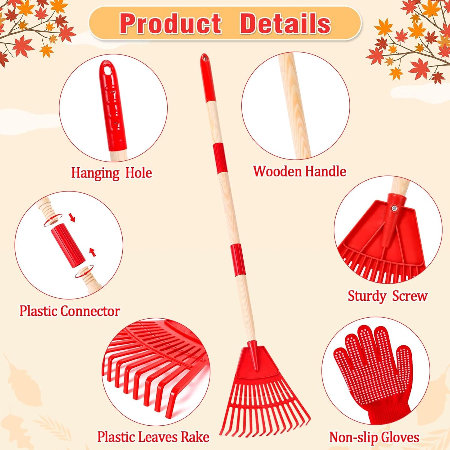2 Pcs 35'' Kids Rakes for Leaves - Plastic Rake Head with 2 Pairs Kids Gloves, Small Kids Lawn Rakes Detachable Wooden Handle, Autumn Garden Tool Set for Kids Boys and Girls, Red & Blue, 3yr+