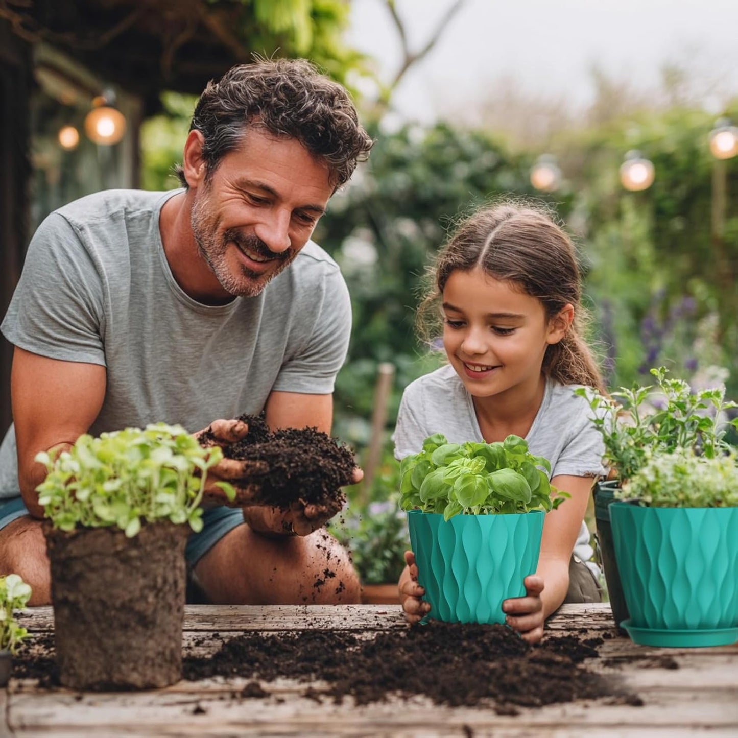 7 inch Plant Pots for Indoor Outdoor Plants, 5 Pack Thick Flower Pots with Drainage Holes and Saucers, 3D Modern Wave Texture Plastic Planter Pots for Nursery and House Plants, Blue Green