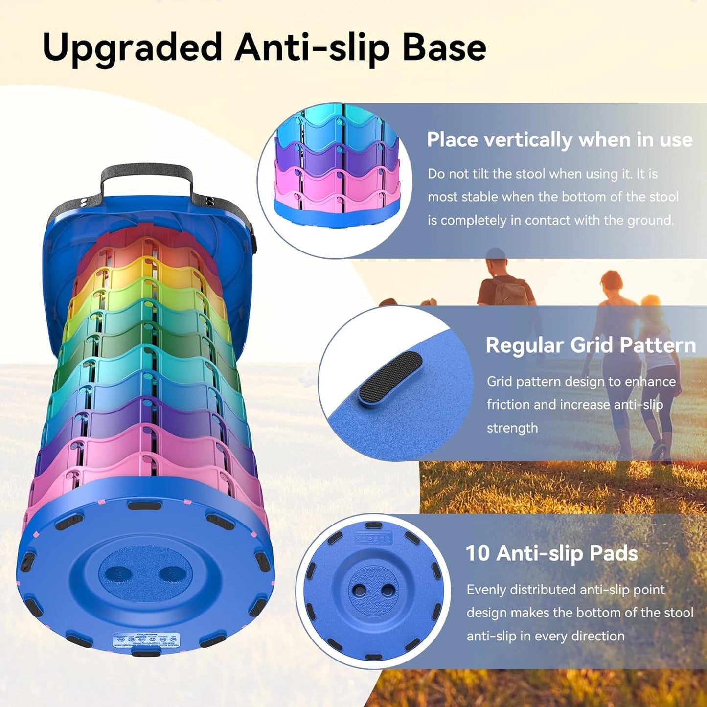 Upgraded Collapsible Stool, Portable Folding Stool, Telescoping Camping Chair with Max Load Capacity 485lbs, Square Retractable Stool for Camping Gardening Fishing Hiking BBQ [Rainbow+Blue]