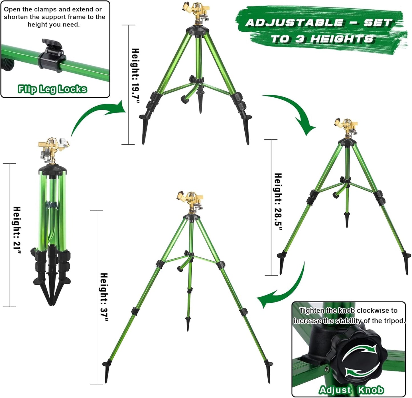 Triumpeek 2 Pack Impact Sprinkler on Tripod Base with Stakes, 360 Degree Large Area Coverage Irrigator with Extension Legs, Adjustable Brass Sprinkler Head Nozzle and 3/4" NH Inlet Hose Connection