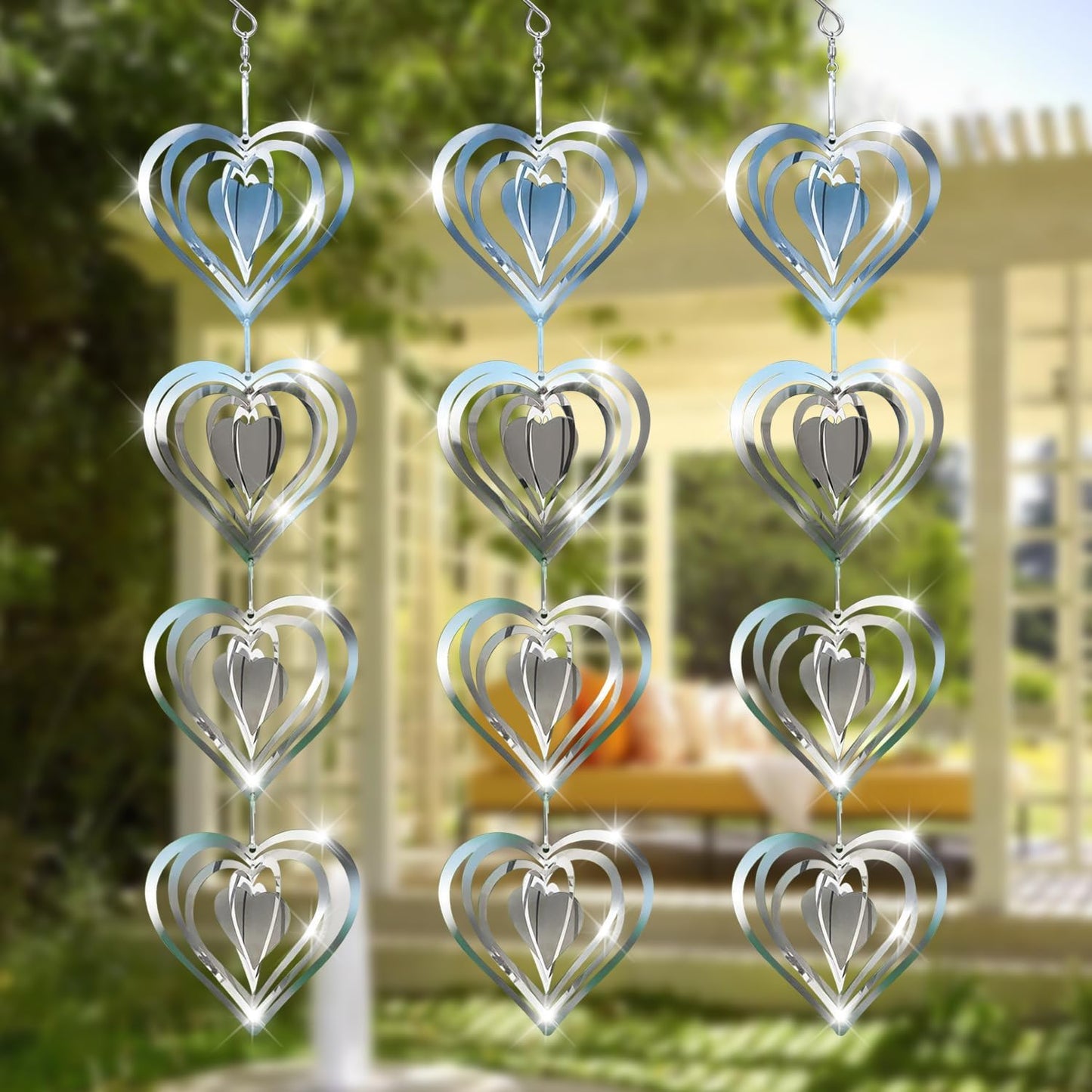 12 Metal Heart Bird Scarer Discs Set, Wind Spinners 3D Helix Reflector Stainless Steel Sparkly Outdoor Garden Decor, Scare Birds & Animals Away from Garden Yard Patio Lawn Farm Wind Sculpture Gifts