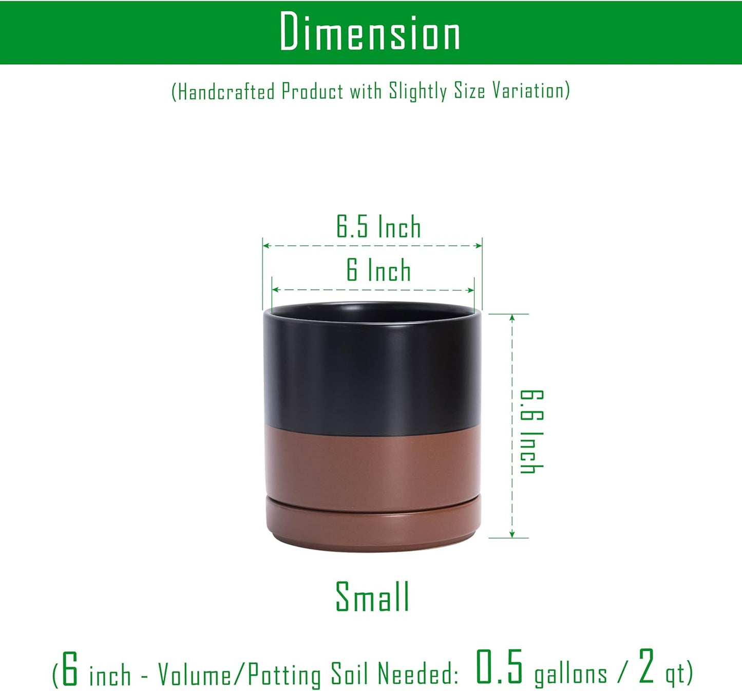 D'vine Dev 6.5 Inch Ceramic Planter Pot with Drainage Hole and Saucer, Indoor Cylinder Round Planter Pot, Black/Speckled Tan, 94-O-C-7