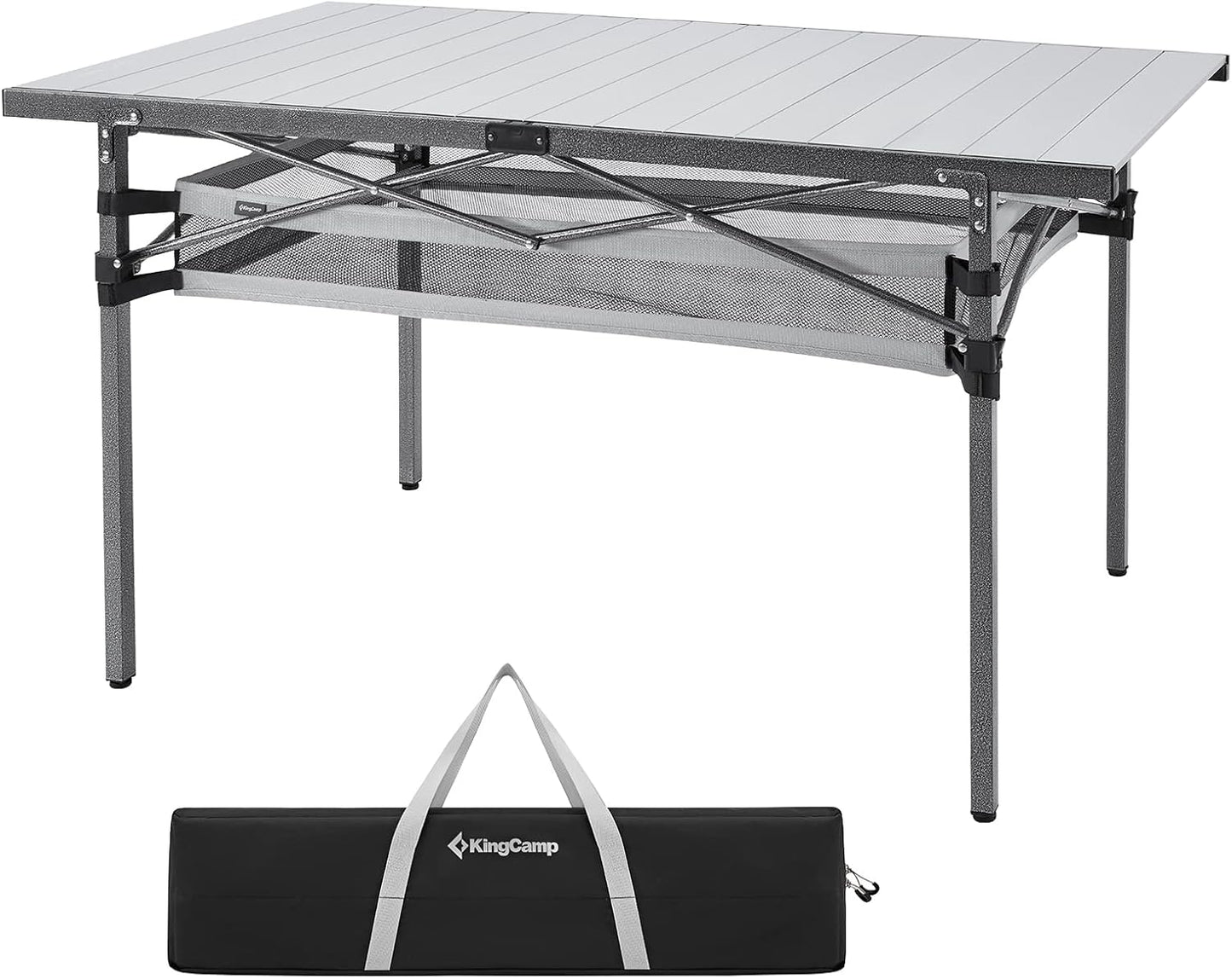 KingCamp Folding Camping Table, Aluminum Roll-Up Camp Table, Large Foldable Table for 6-8 Person, Outdoor Portable Tables with Carry Bag, 180 LBS Heavy Duty Load (Silver+Mesh：53.5"x27.5")