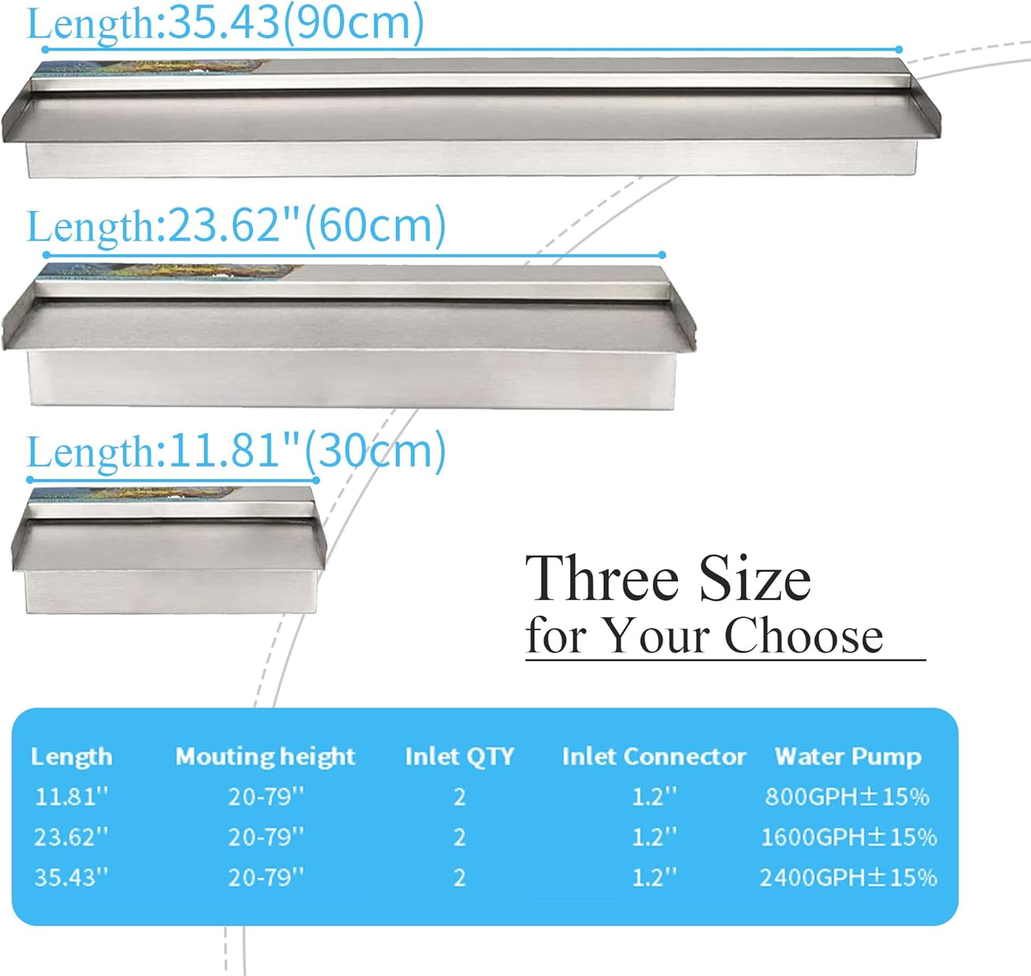 12 Inch Pool Fountain 304 Stainless Steel Waterfall Spillway with Pipe Connector Kits, Wider Water Flow Sheer Descent Platform Water Feature Fountain for Swimming Pool, Outdoor Garden Decor